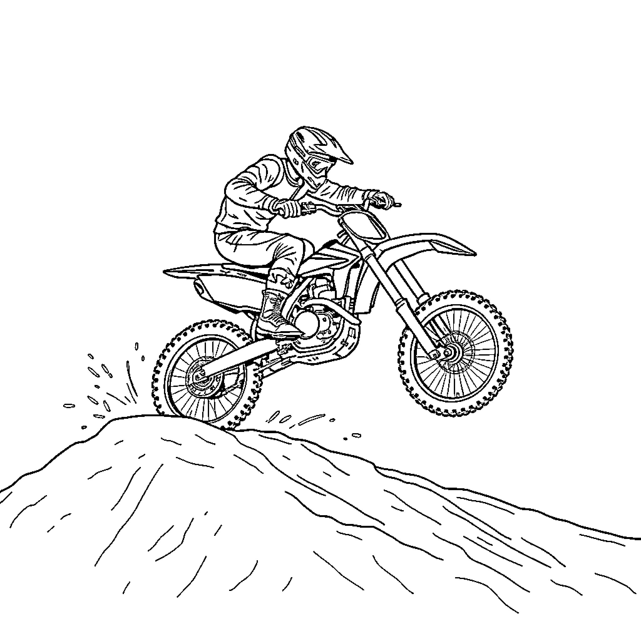 Motocross rider performing stunts on dirt track Coloring Page (free black-and-white line drawing printable PDF for all, from beginners to advanced learners, including children, teens, adults, and seniors)