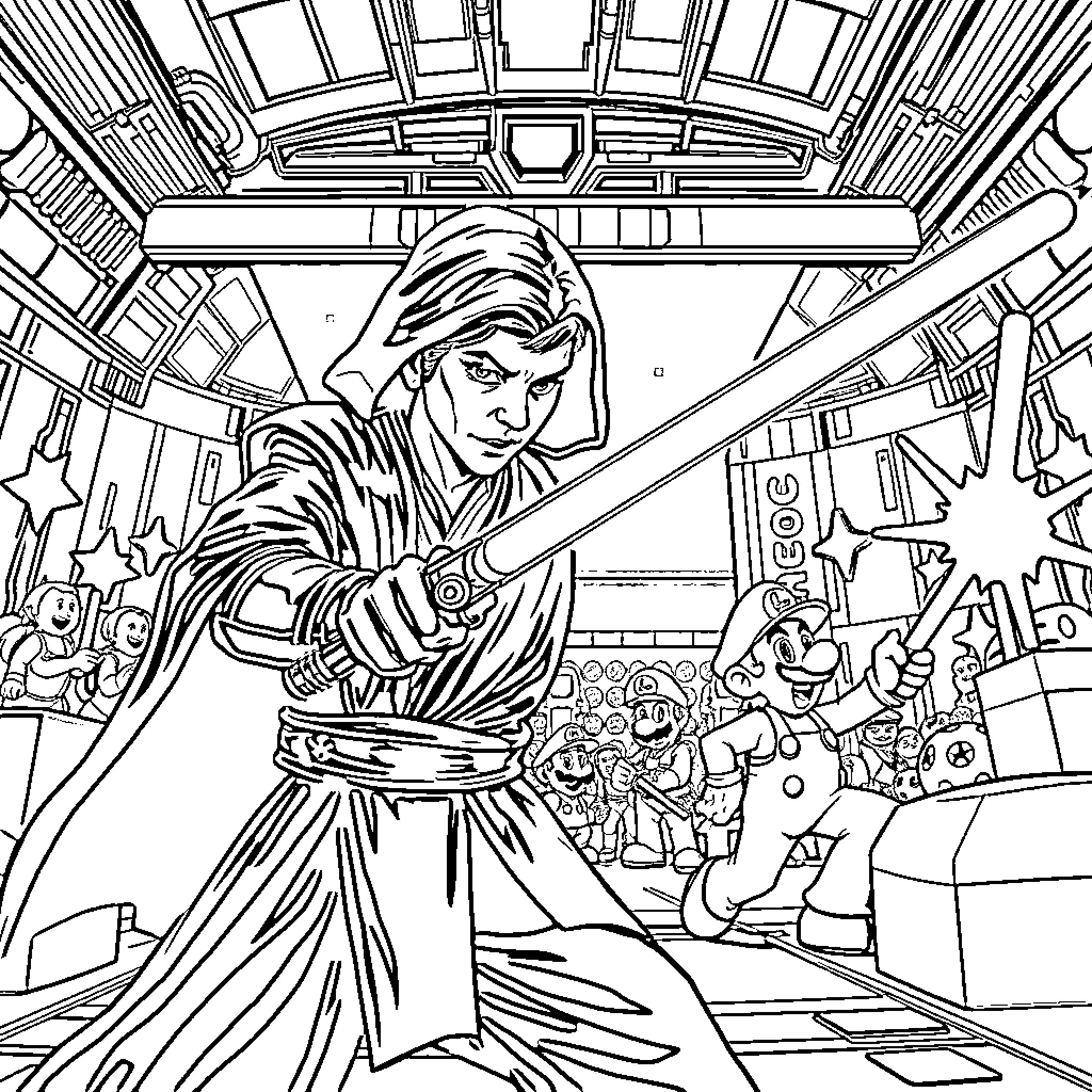 Anakin Skywalker wielding a lightsaber in an epic scene Coloring Page (free black-and-white line drawing printable PDF for all, from beginners to advanced learners, including children, teens, adults, and seniors)