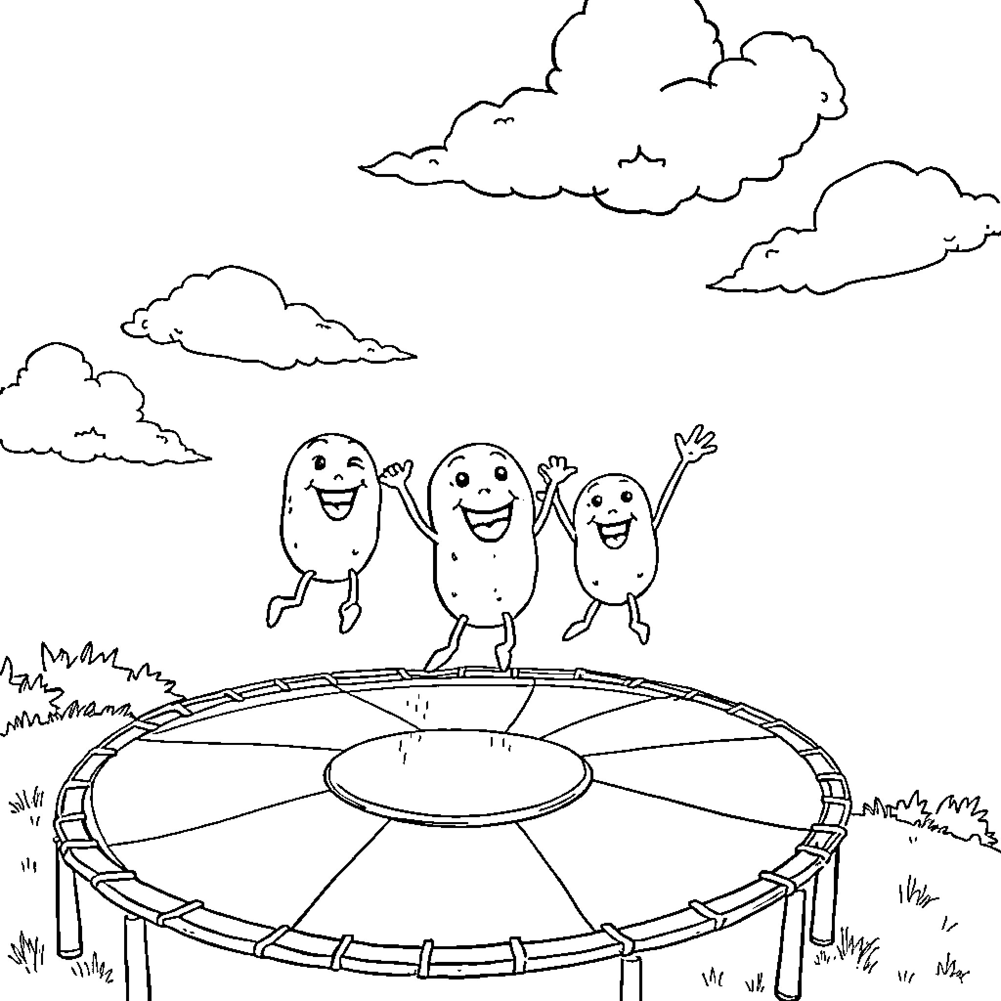 Potato characters jumping on trampoline in the park Coloring Page (free black-and-white line drawing printable PDF for all, from beginners to advanced learners, including children, teens, adults, and seniors)