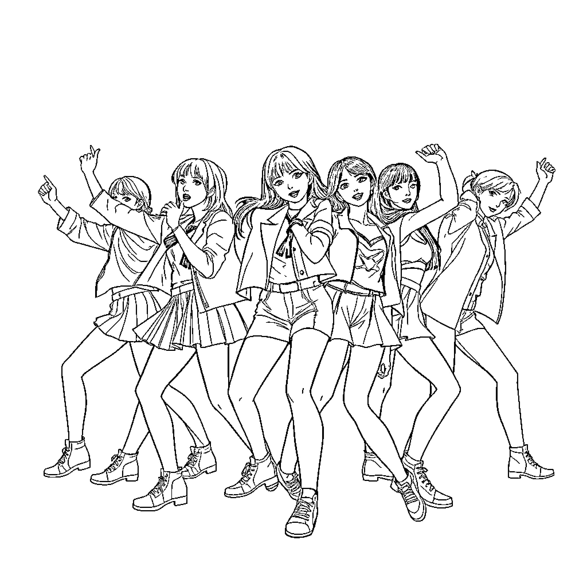 K Pop Group Performing Energetic Dance Routine Coloring Page (free black-and-white line drawing printable PDF for all, from beginners to advanced learners, including children, teens, adults, and seniors)