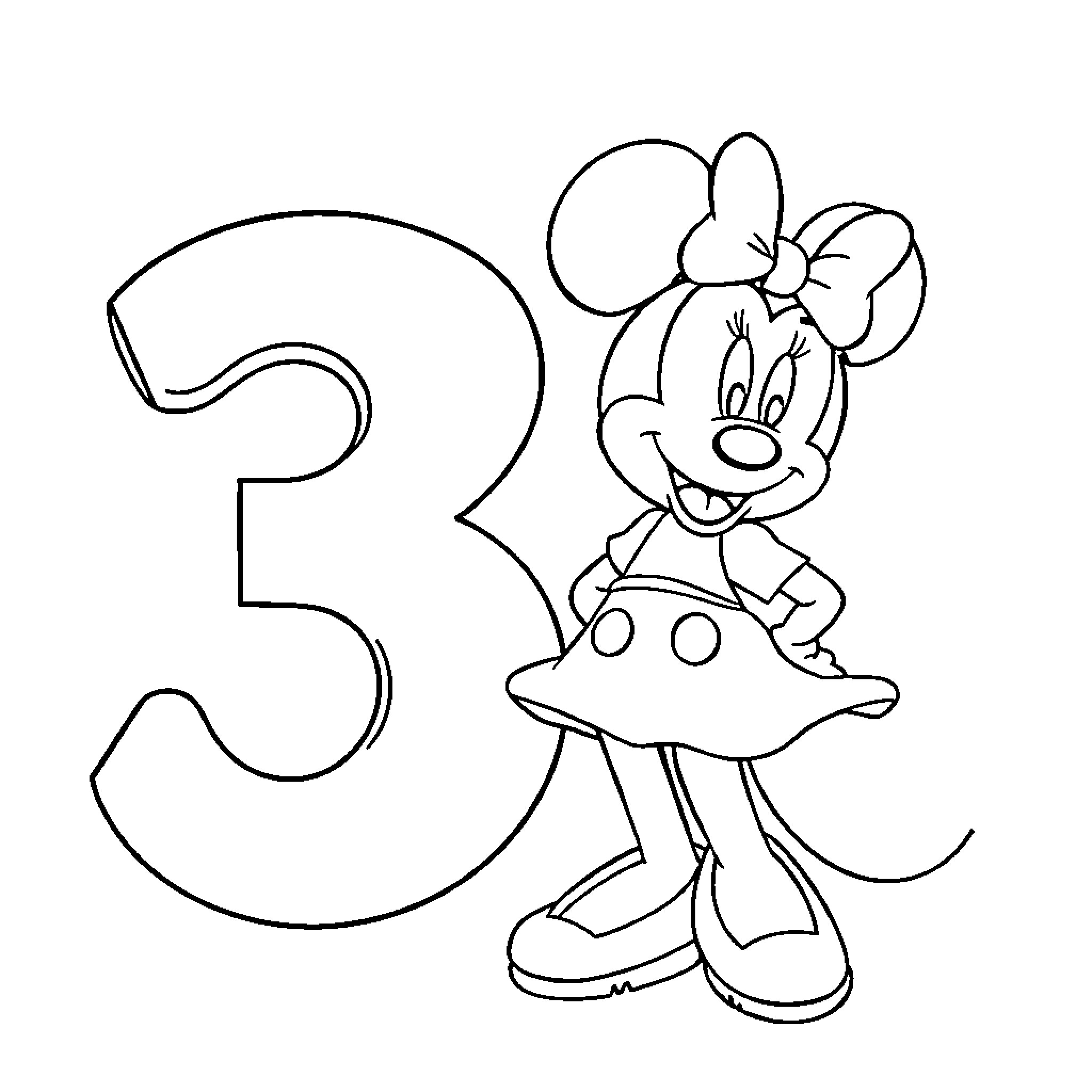 Minnie Mouse celebrates her 3rd birthday Coloring Page (free black-and-white line drawing printable PDF for all, from beginners to advanced learners, including children, teens, adults, and seniors)