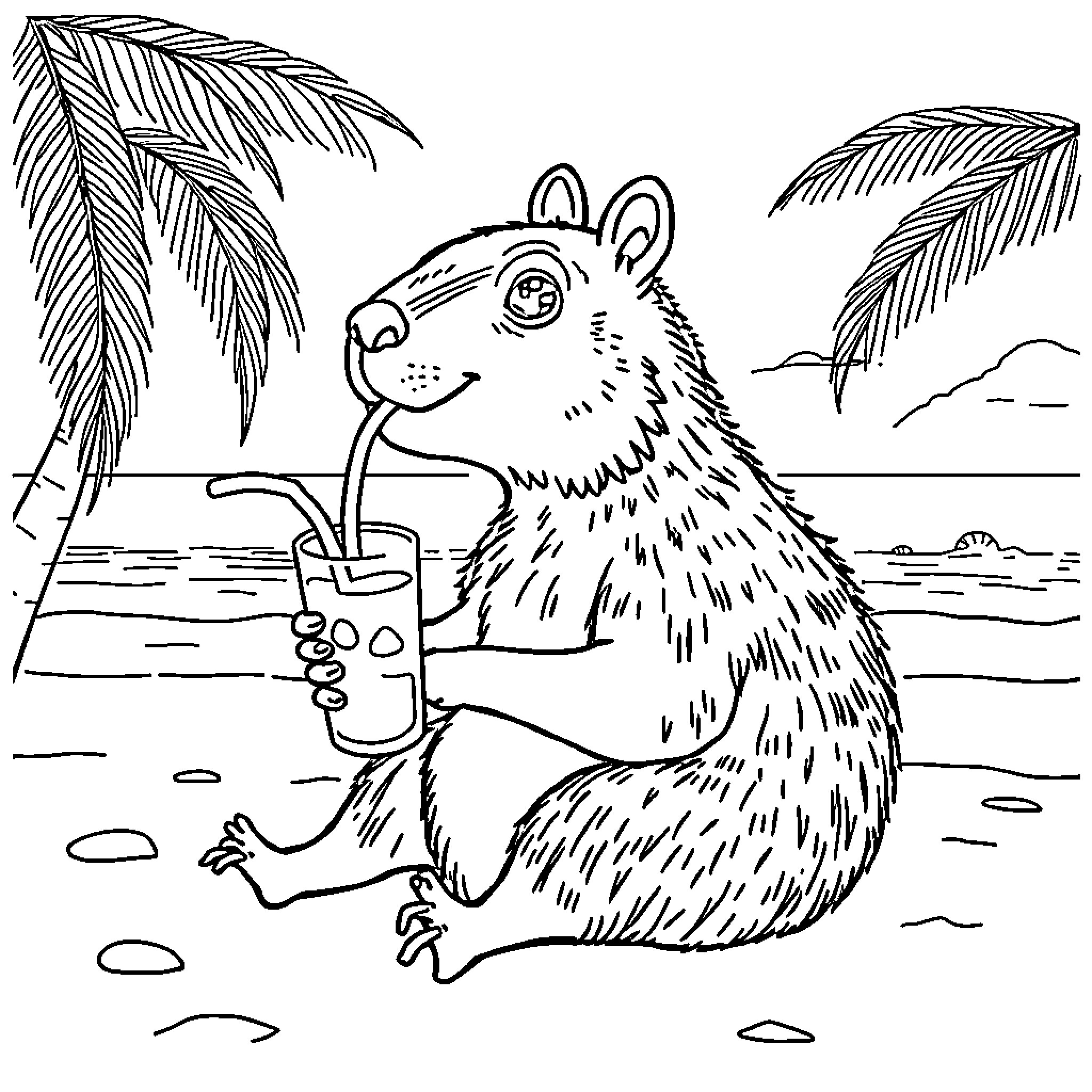 Capybara enjoying a refreshing beverage on the beach Coloring Page (free black-and-white line drawing printable PDF for all, from beginners to advanced learners, including children, teens, adults, and seniors)