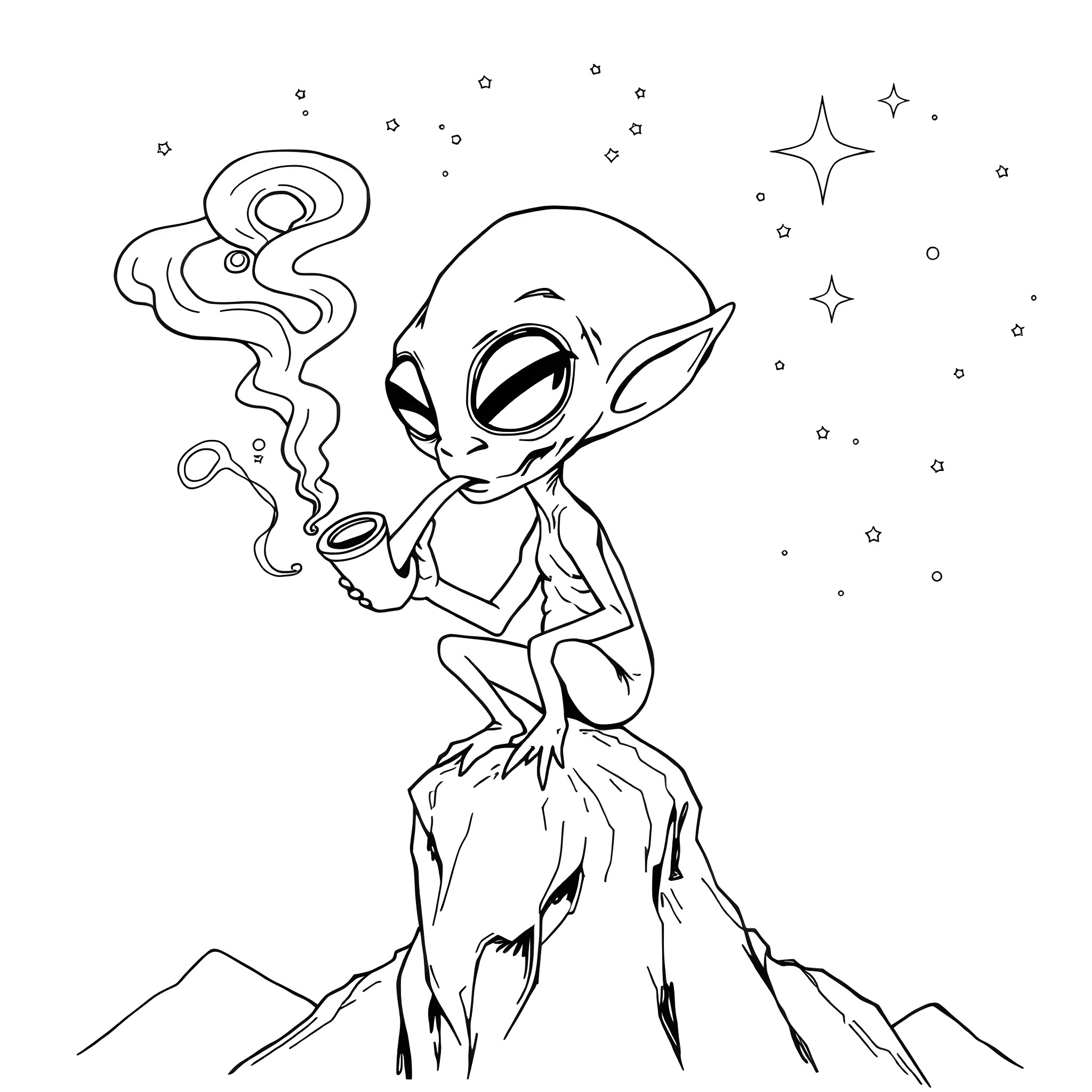 Alien creature smoking in starry night Coloring Page (free black-and-white line drawing printable PDF for all, from beginners to advanced learners, including children, teens, adults, and seniors)