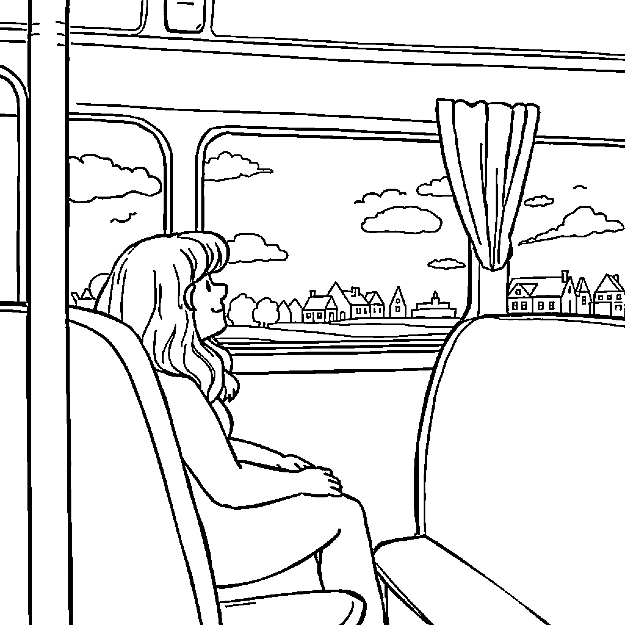 Nijntje's Peaceful Train Ride through the Countryside Coloring Page (free black-and-white line drawing printable PDF for all, from beginners to advanced learners, including children, teens, adults, and seniors)