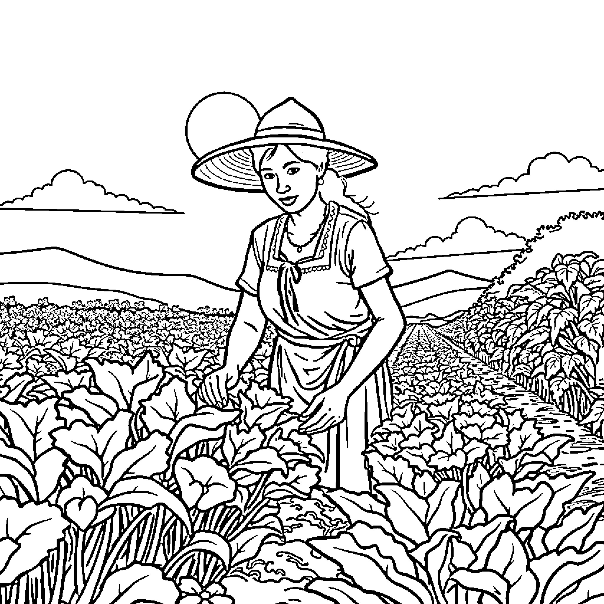 Woman working diligently in the garden field Coloring Page (free black-and-white line drawing printable PDF for all, from beginners to advanced learners, including children, teens, adults, and seniors)