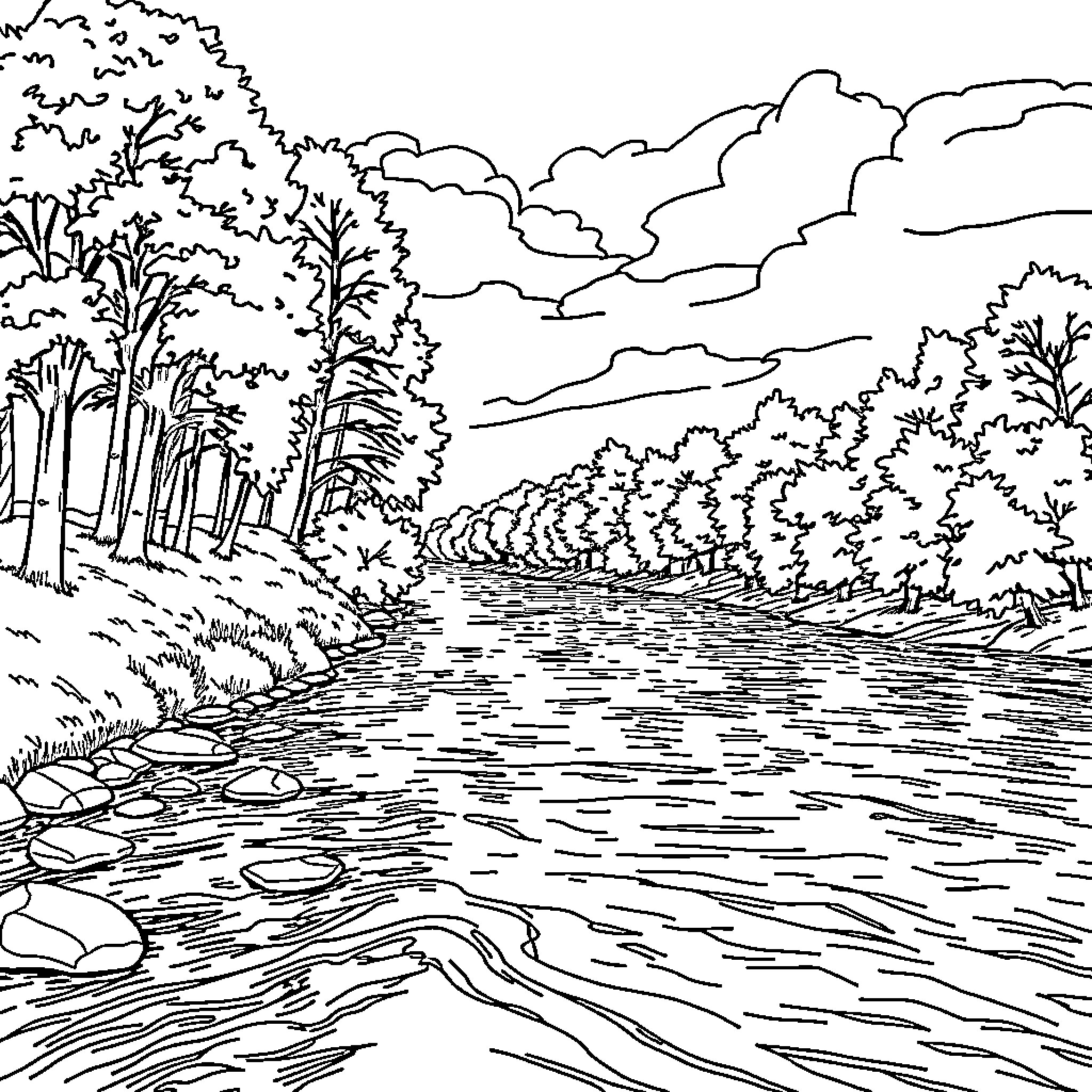 River flowing through a serene forest landscape Coloring Page (free black-and-white line drawing printable PDF for all, from beginners to advanced learners, including children, teens, adults, and seniors)
