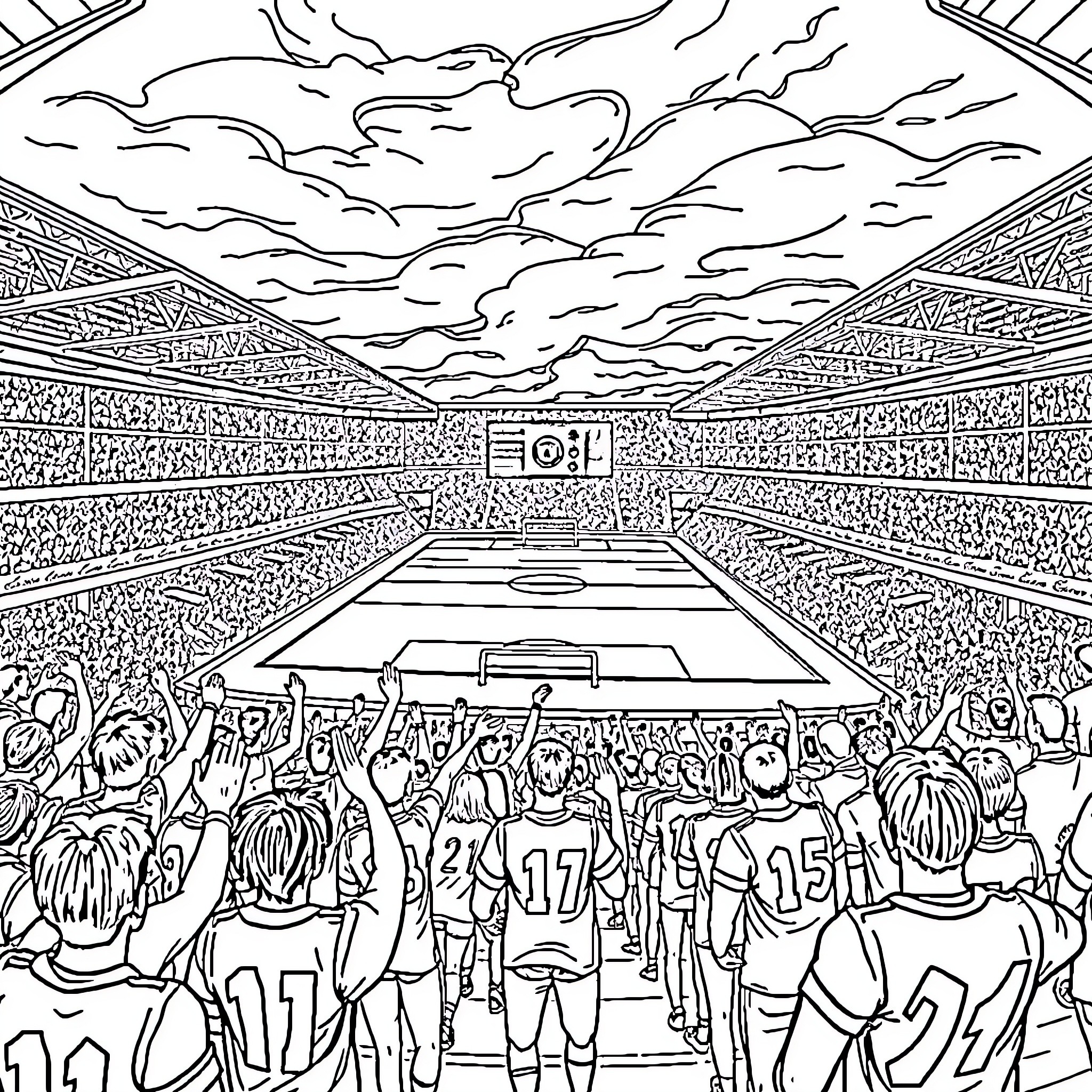 Celtic Park Crowded Stadium Cheering Spectators Coloring Page (free black-and-white line drawing printable PDF for all, from beginners to advanced learners, including children, teens, adults, and seniors)