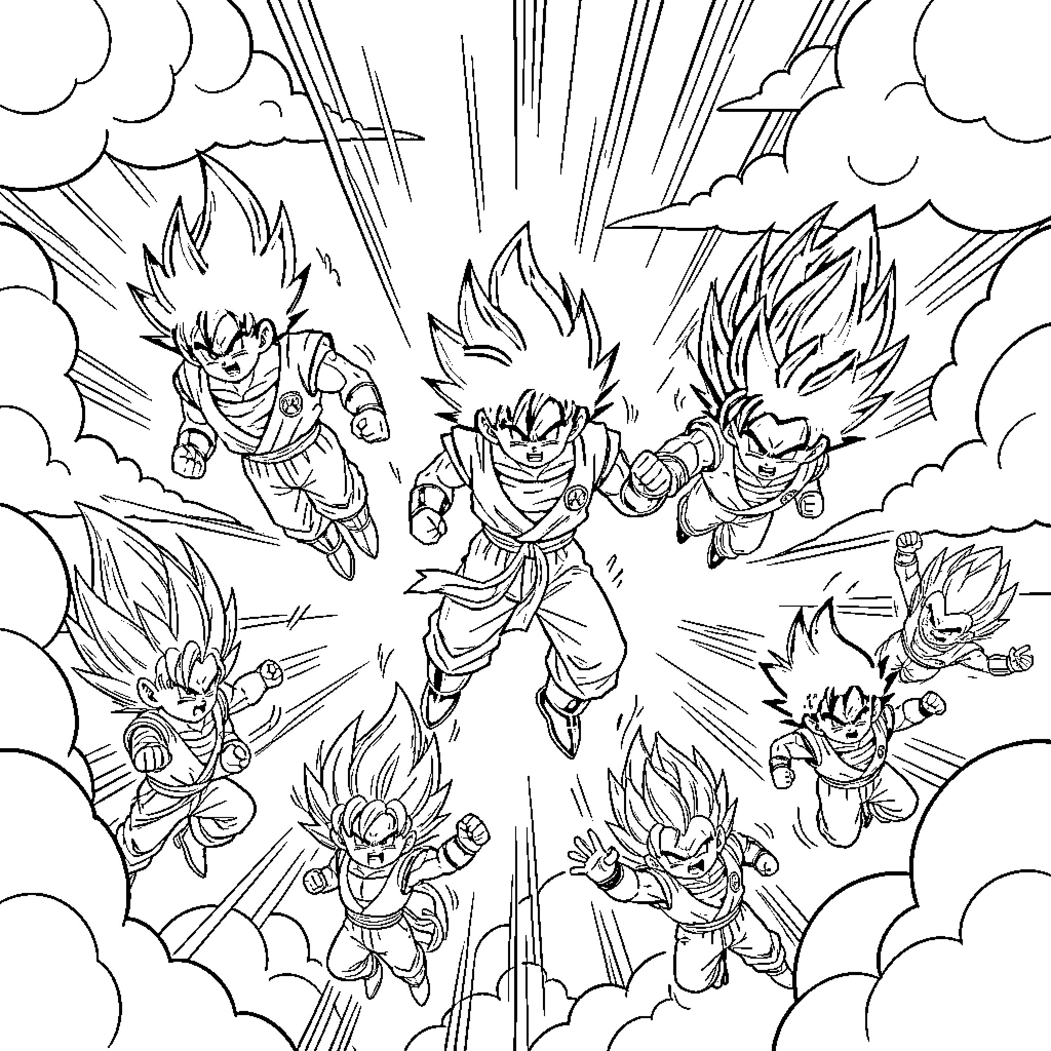 Dragon Ball Characters in Powerful Battle Poses Coloring Page (free black-and-white line drawing printable PDF for all, from beginners to advanced learners, including children, teens, adults, and seniors)