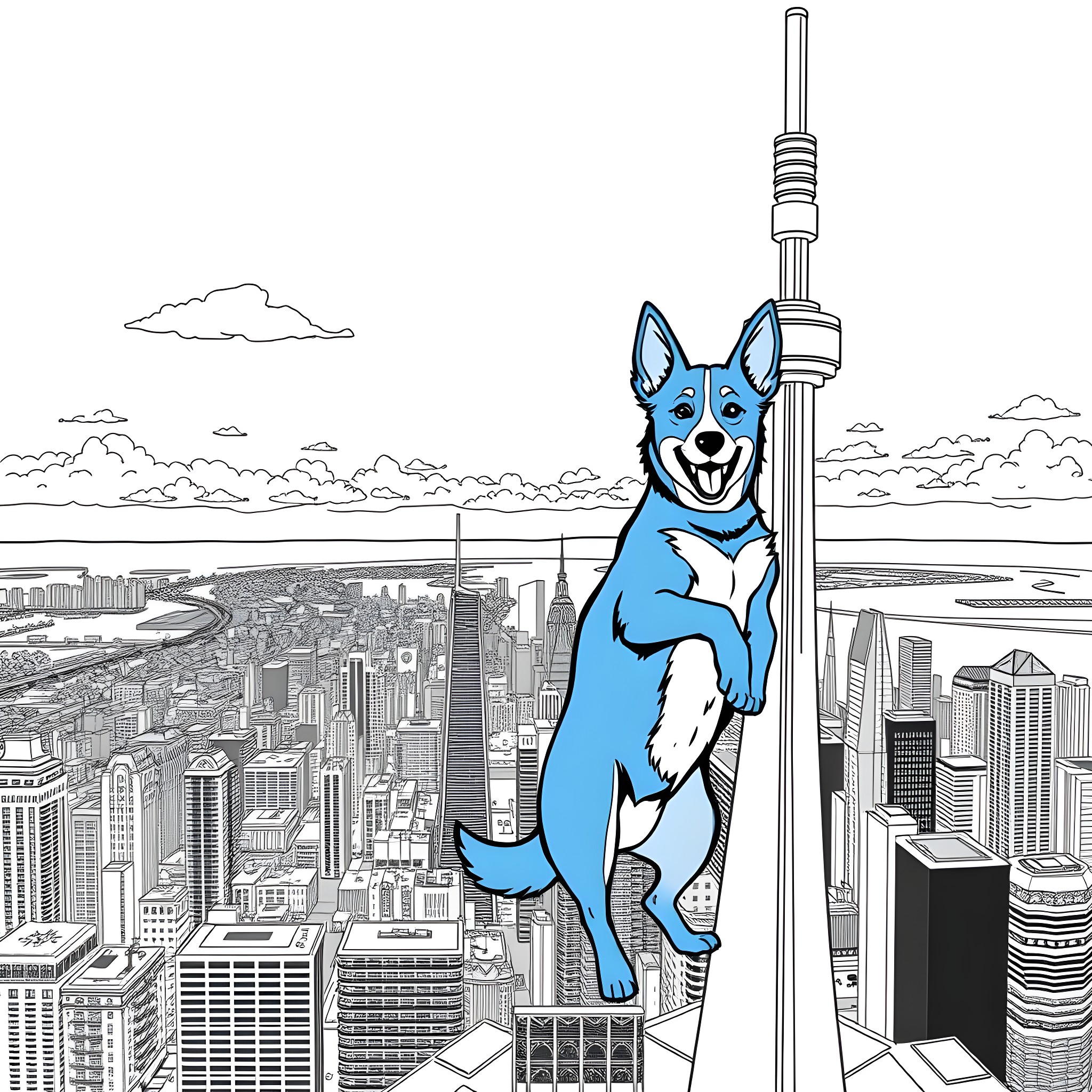Bluey hanging atop a city skyline Coloring Page (free black-and-white line drawing printable PDF for all, from beginners to advanced learners, including children, teens, adults, and seniors)