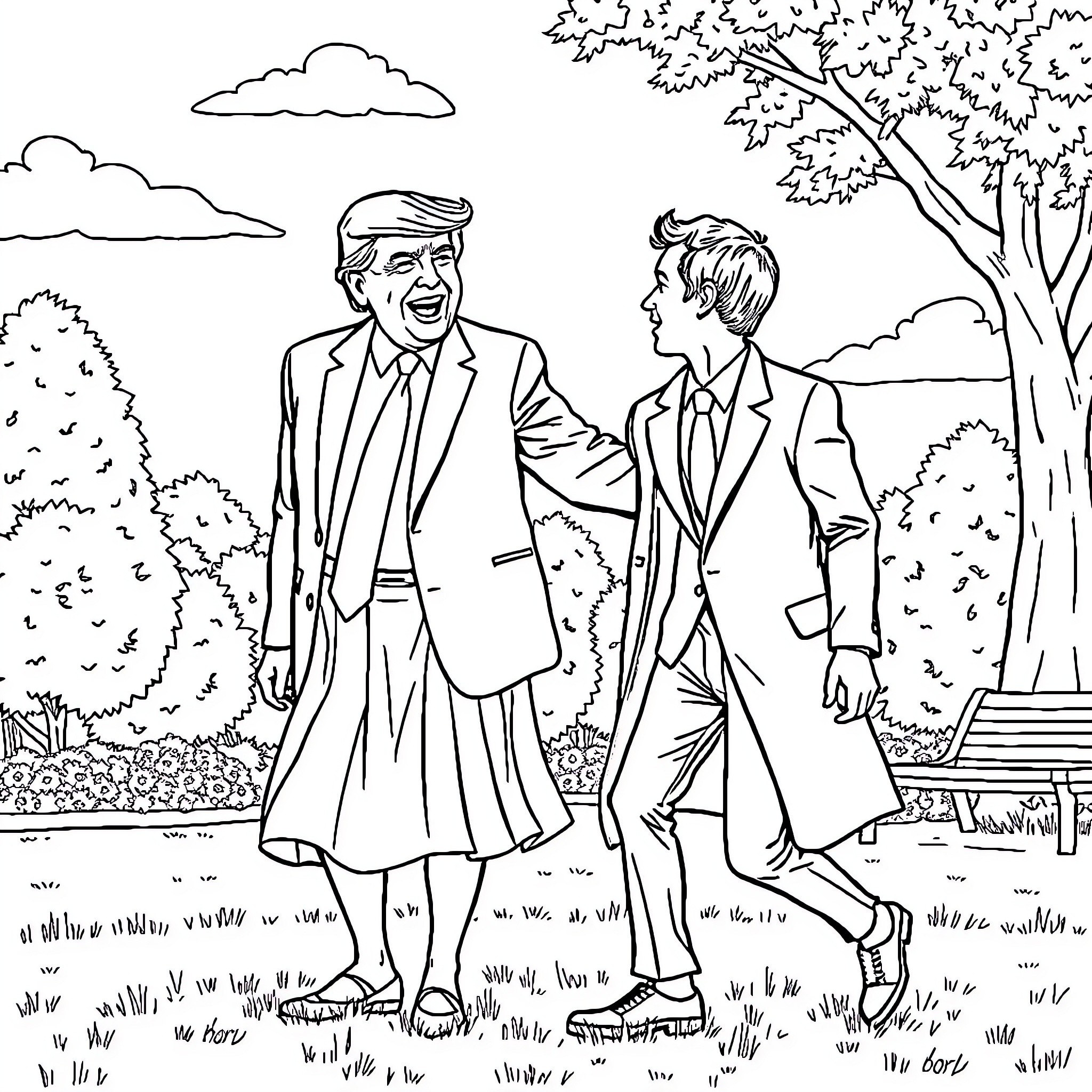 Donald Trump talking animatedly with companion in park Coloring Page (free black-and-white line drawing printable PDF for all, from beginners to advanced learners, including children, teens, adults, and seniors)
