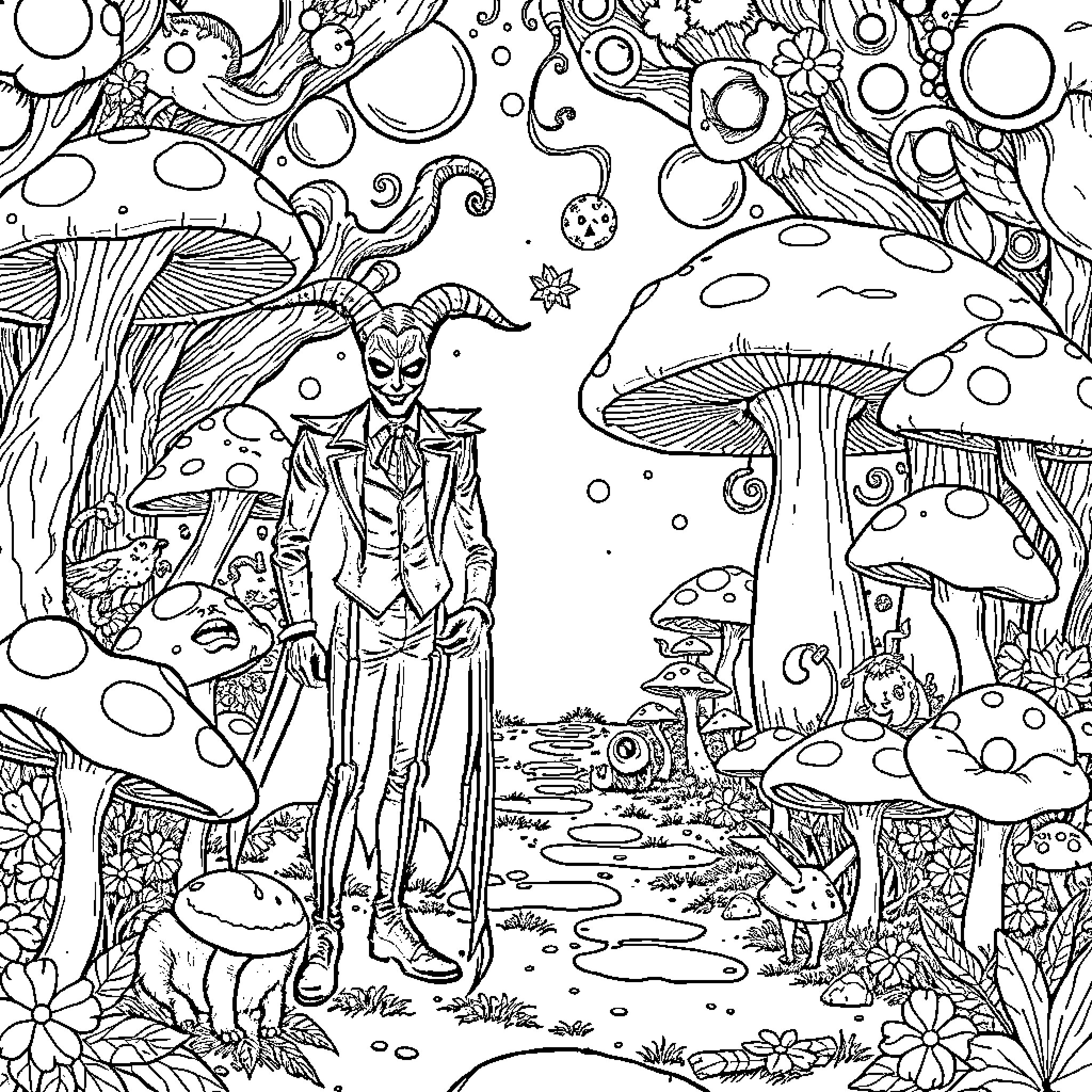 Joker in a Whimsical Mushroom Fantasy World Coloring Page (free black-and-white line drawing printable PDF for all, from beginners to advanced learners, including children, teens, adults, and seniors)