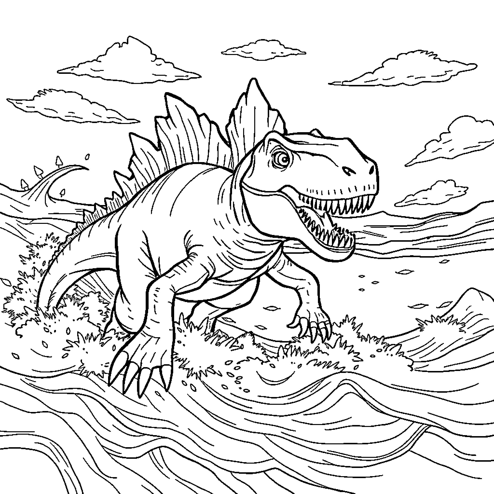 Tyrannosaurus stomping through the prehistoric landscape Coloring Page (free black-and-white line drawing printable PDF for all, from beginners to advanced learners, including children, teens, adults, and seniors)
