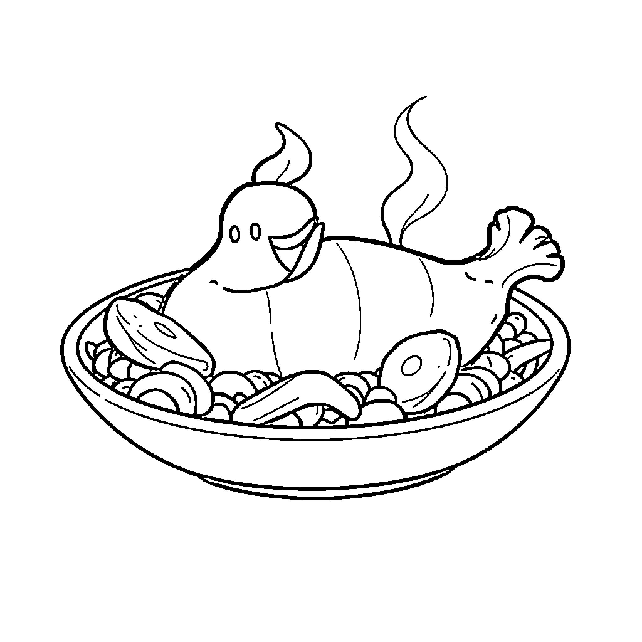 Chicken Dish with Savory Ingredients Coloring Page (free black-and-white line drawing printable PDF for all, from beginners to advanced learners, including children, teens, adults, and seniors)