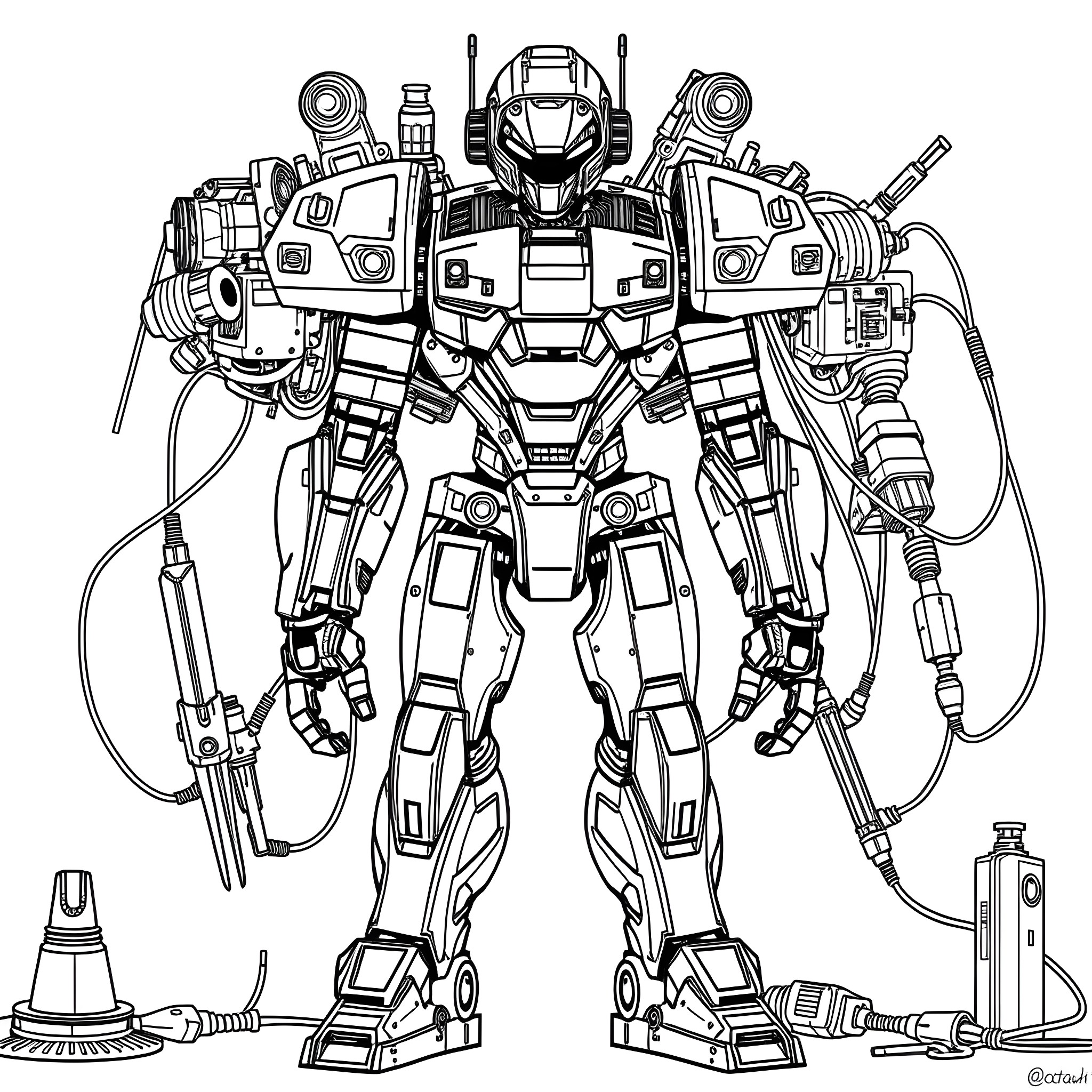 Robot Exosuit with Advanced Weaponry and Tools Coloring Page (free black-and-white line drawing printable PDF for all, from beginners to advanced learners, including children, teens, adults, and seniors)