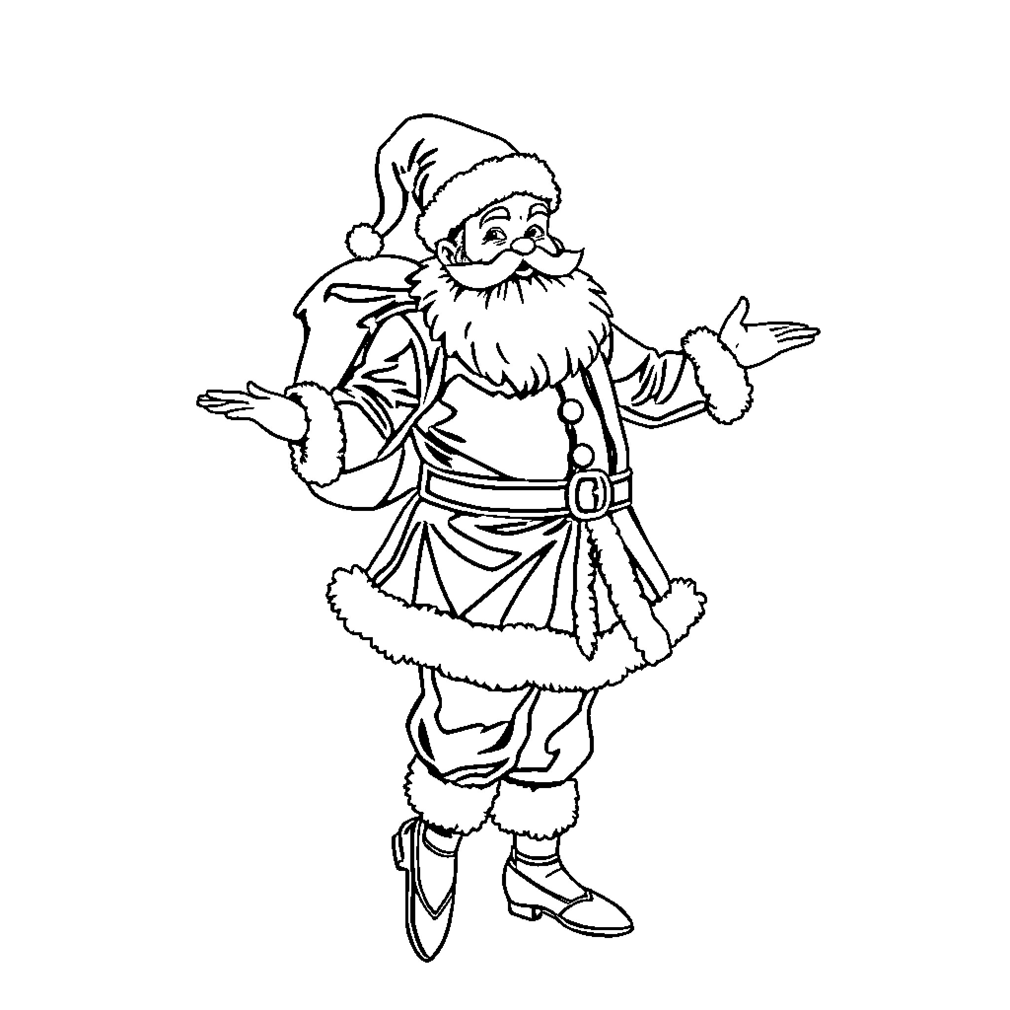 Père Noël waving and greeting with open arms Coloring Page (free black-and-white line drawing printable PDF for all, from beginners to advanced learners, including children, teens, adults, and seniors)