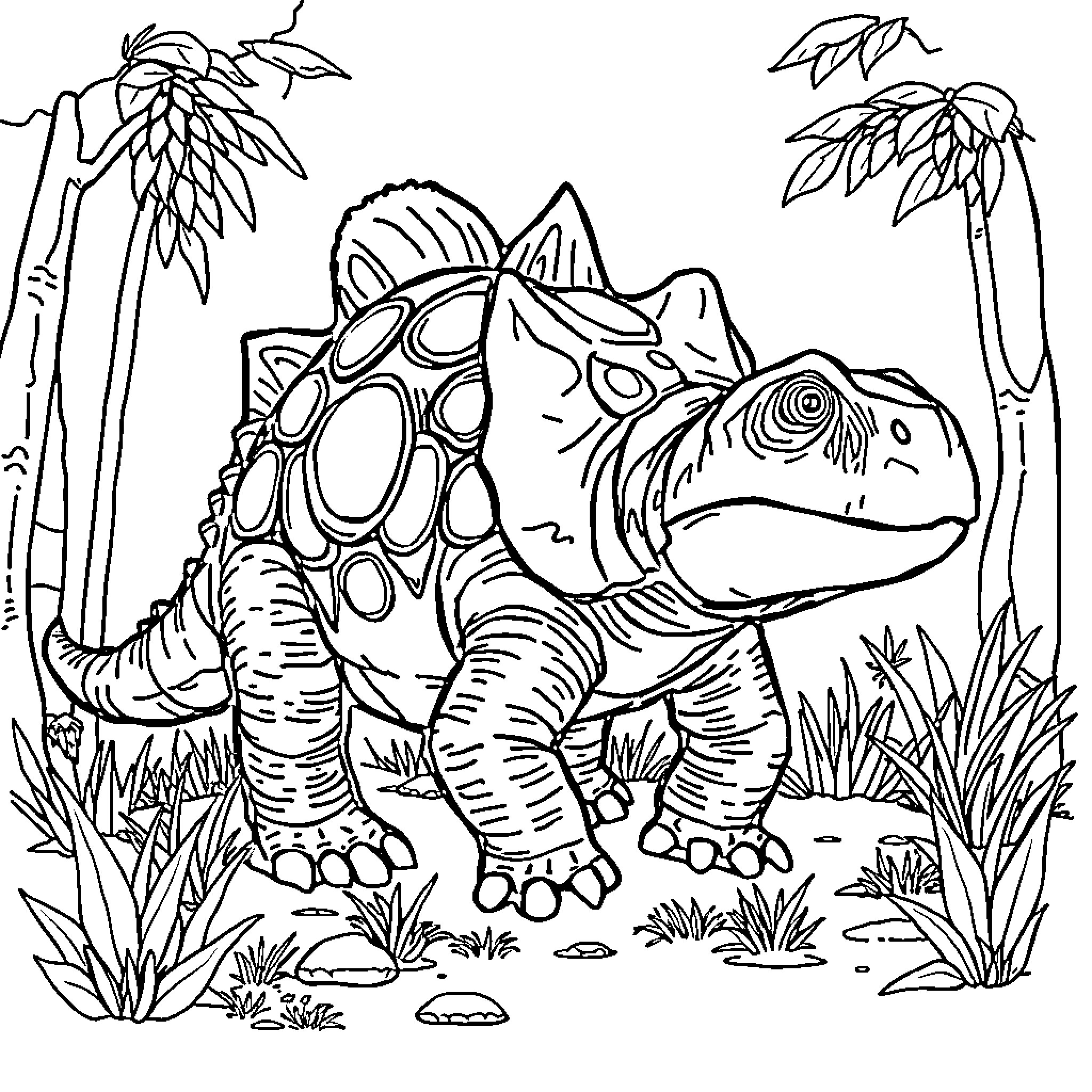 Ankylosaurus exploring prehistoric landscape Coloring Page (free black-and-white line drawing printable PDF for all, from beginners to advanced learners, including children, teens, adults, and seniors)