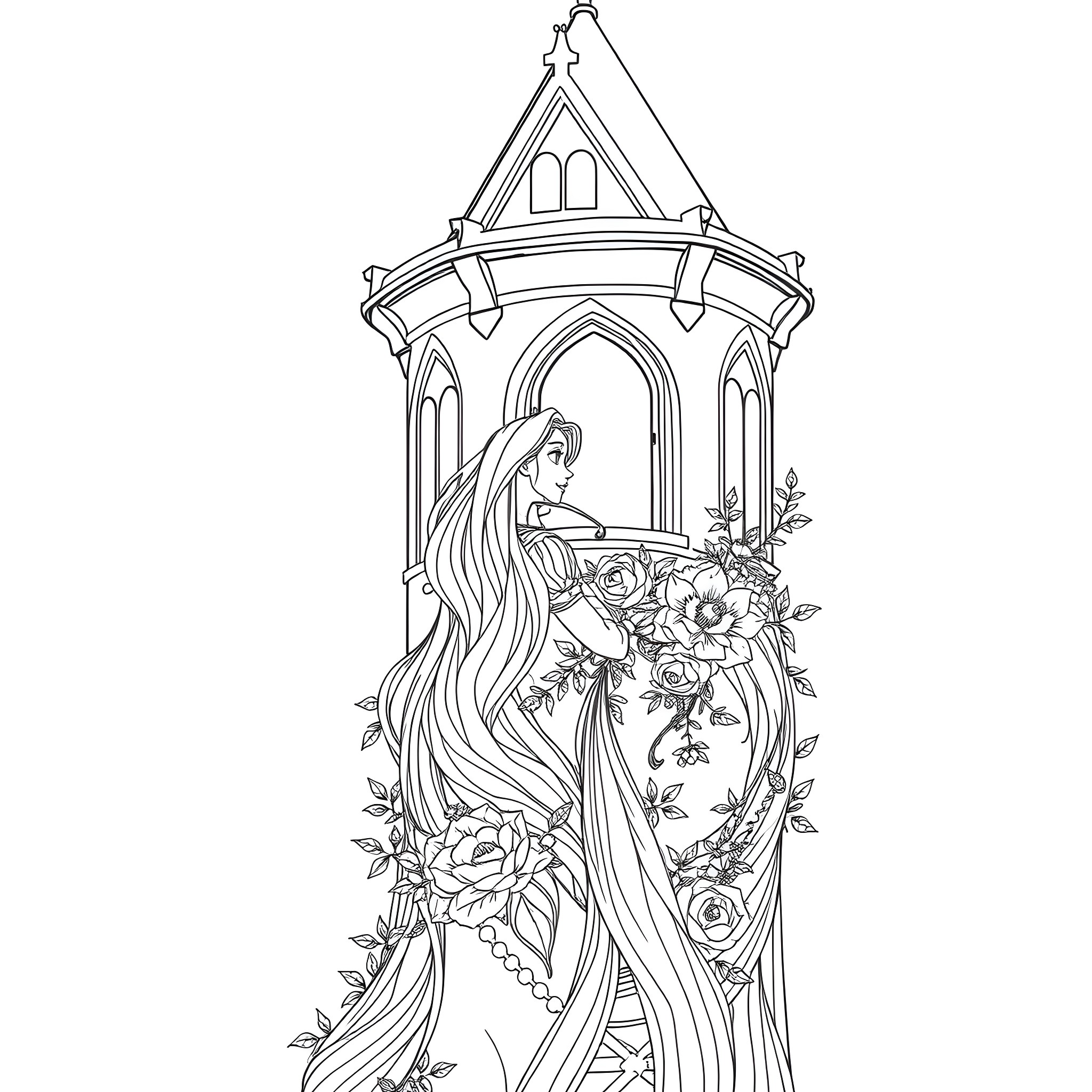 Rapunzel in a Stunning Floral Tower Coloring Page (free black-and-white line drawing printable PDF for all, from beginners to advanced learners, including children, teens, adults, and seniors)