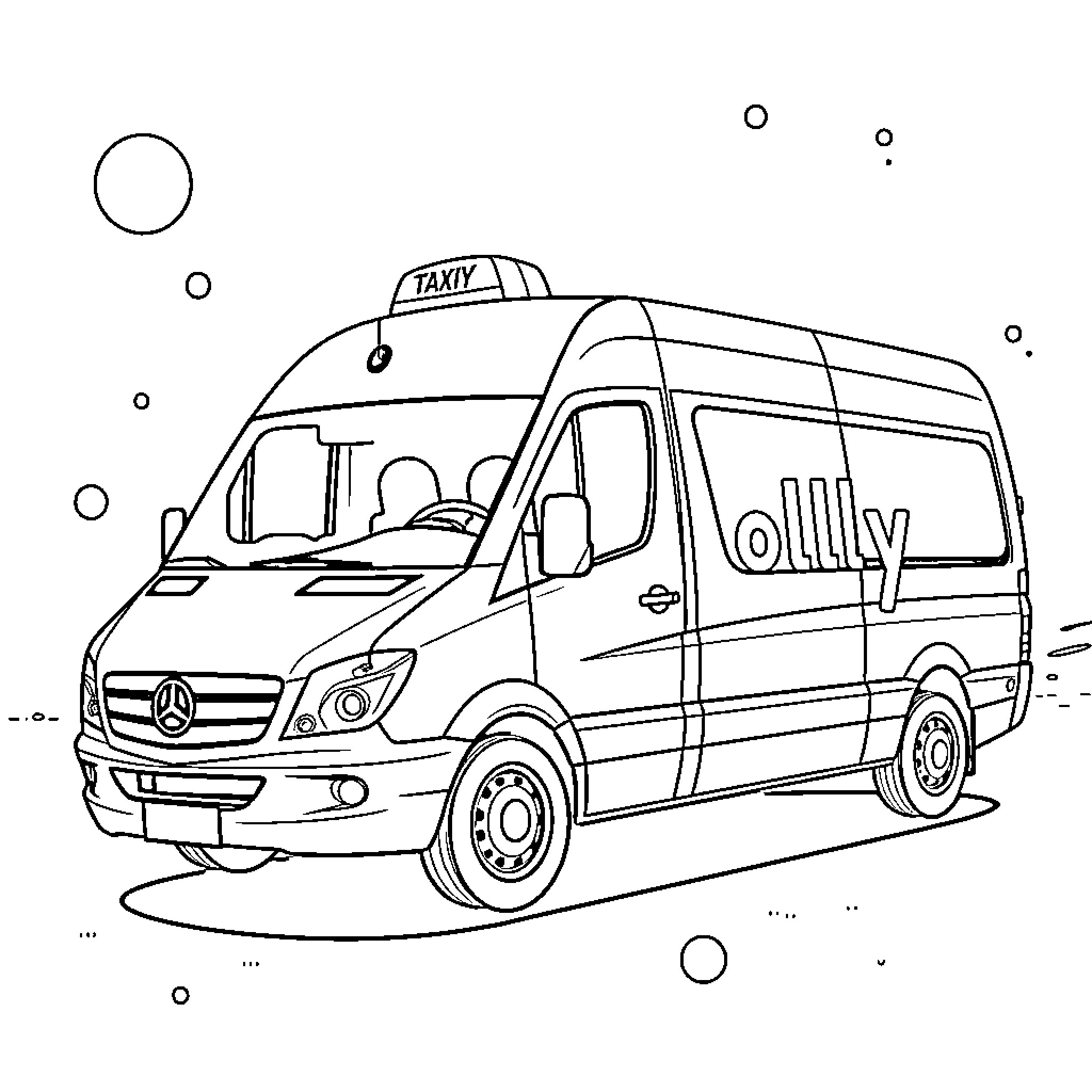 Taxi van parked with driver's door open Coloring Page (free black-and-white line drawing printable PDF for all, from beginners to advanced learners, including children, teens, adults, and seniors)