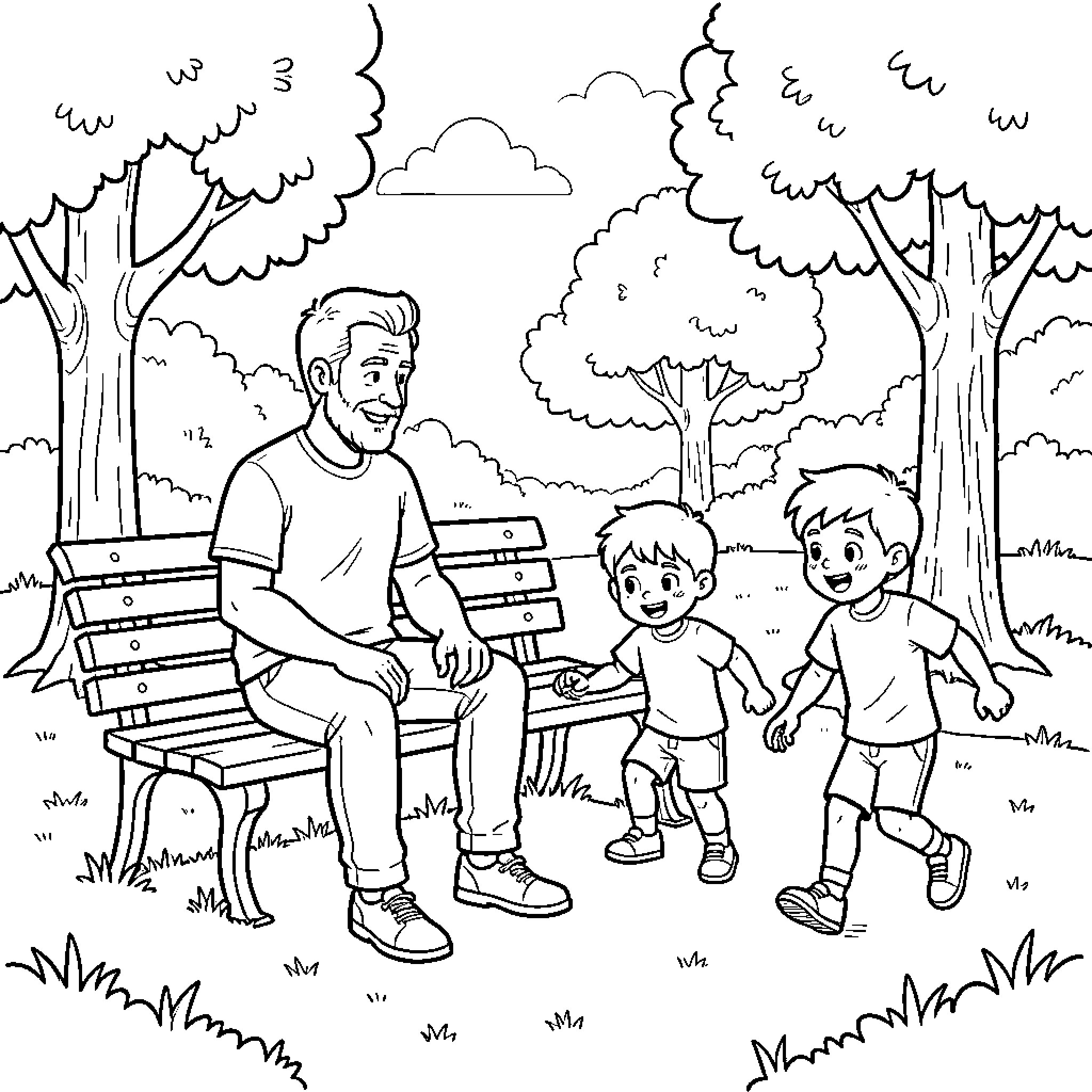 Dad sitting on a bench watching two children play Coloring Page (free black-and-white line drawing printable PDF for all, from beginners to advanced learners, including children, teens, adults, and seniors)
