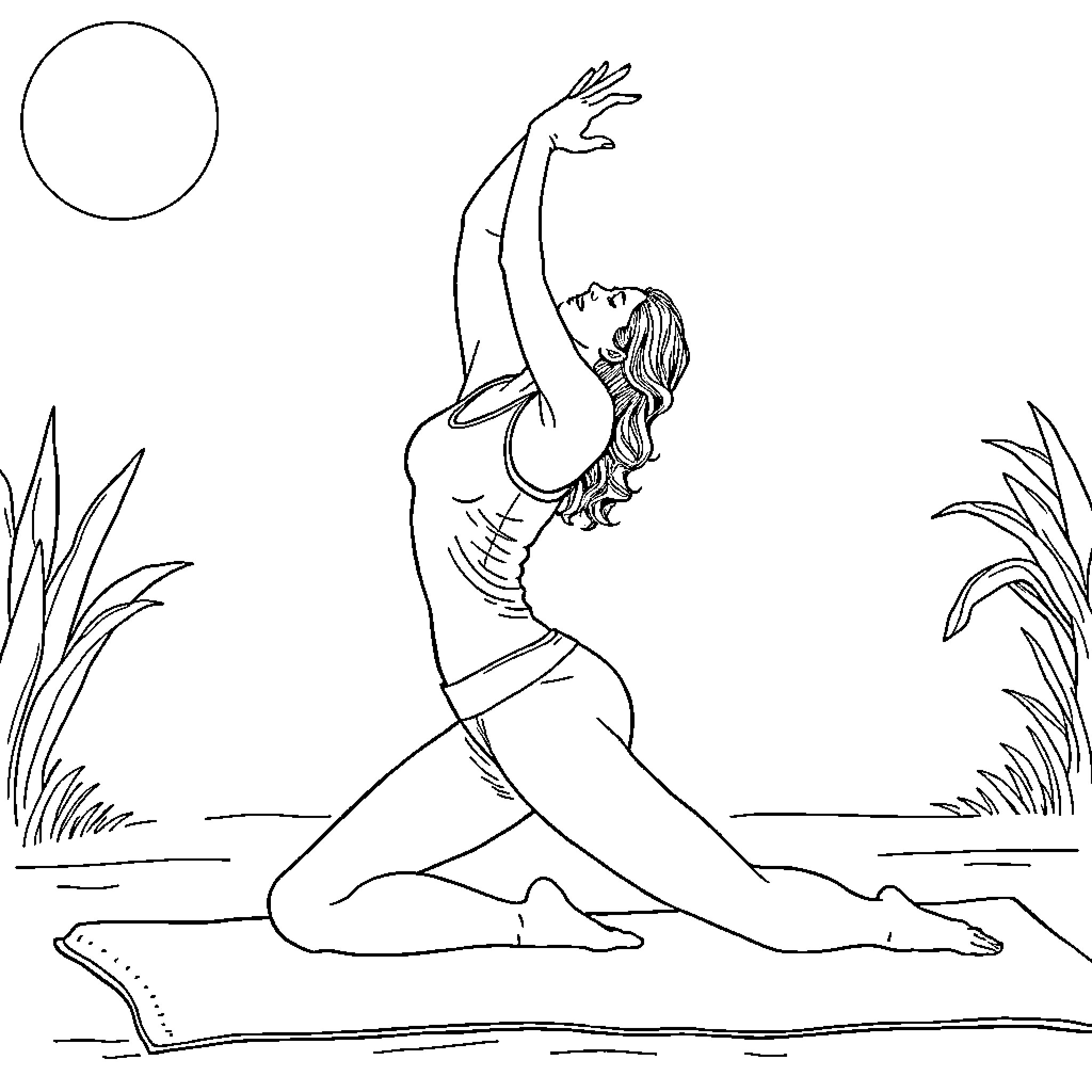 Mila Kunis performs yoga in a serene outdoor setting Coloring Page (free black-and-white line drawing printable PDF for all, from beginners to advanced learners, including children, teens, adults, and seniors)