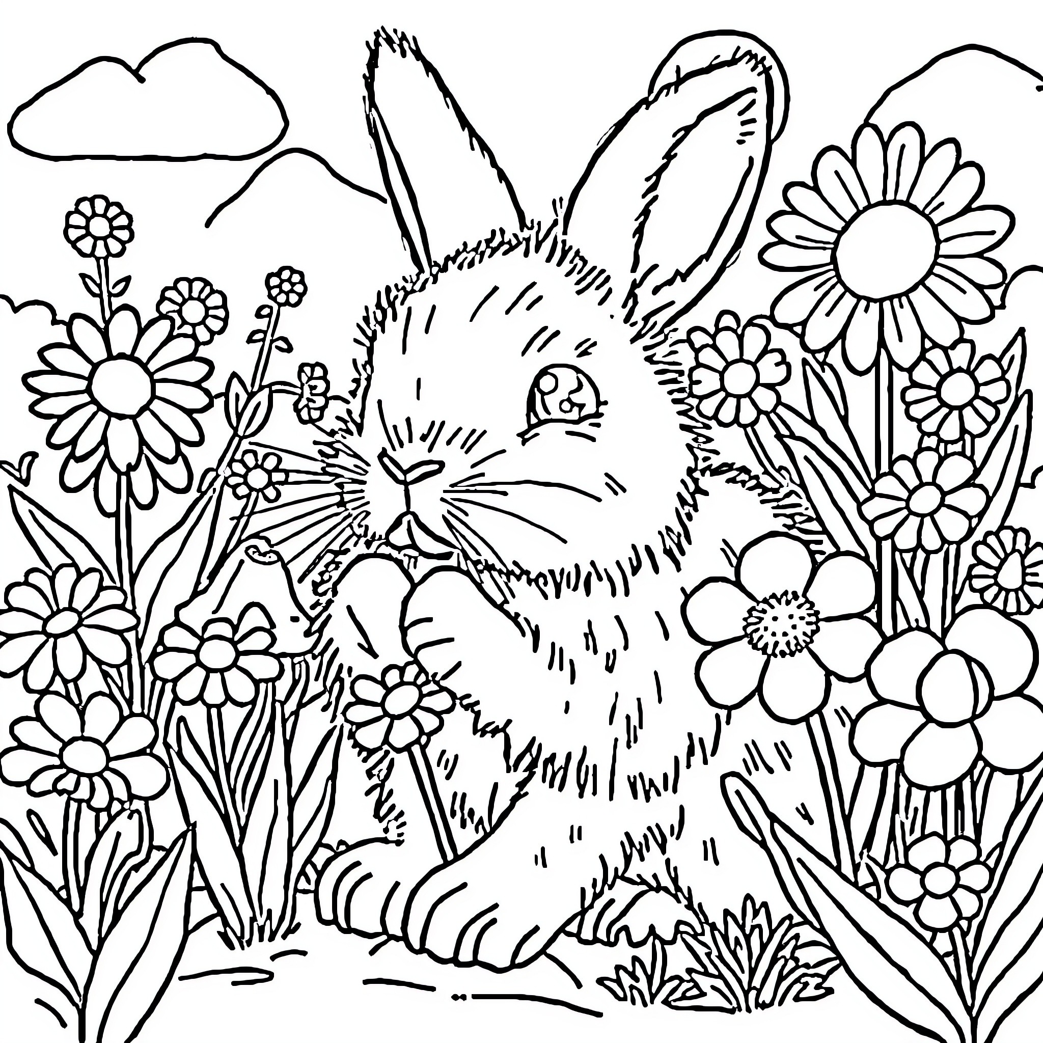 Bunny surrounded by beautiful flowers in nature Coloring Page (free black-and-white line drawing printable PDF for all, from beginners to advanced learners, including children, teens, adults, and seniors)