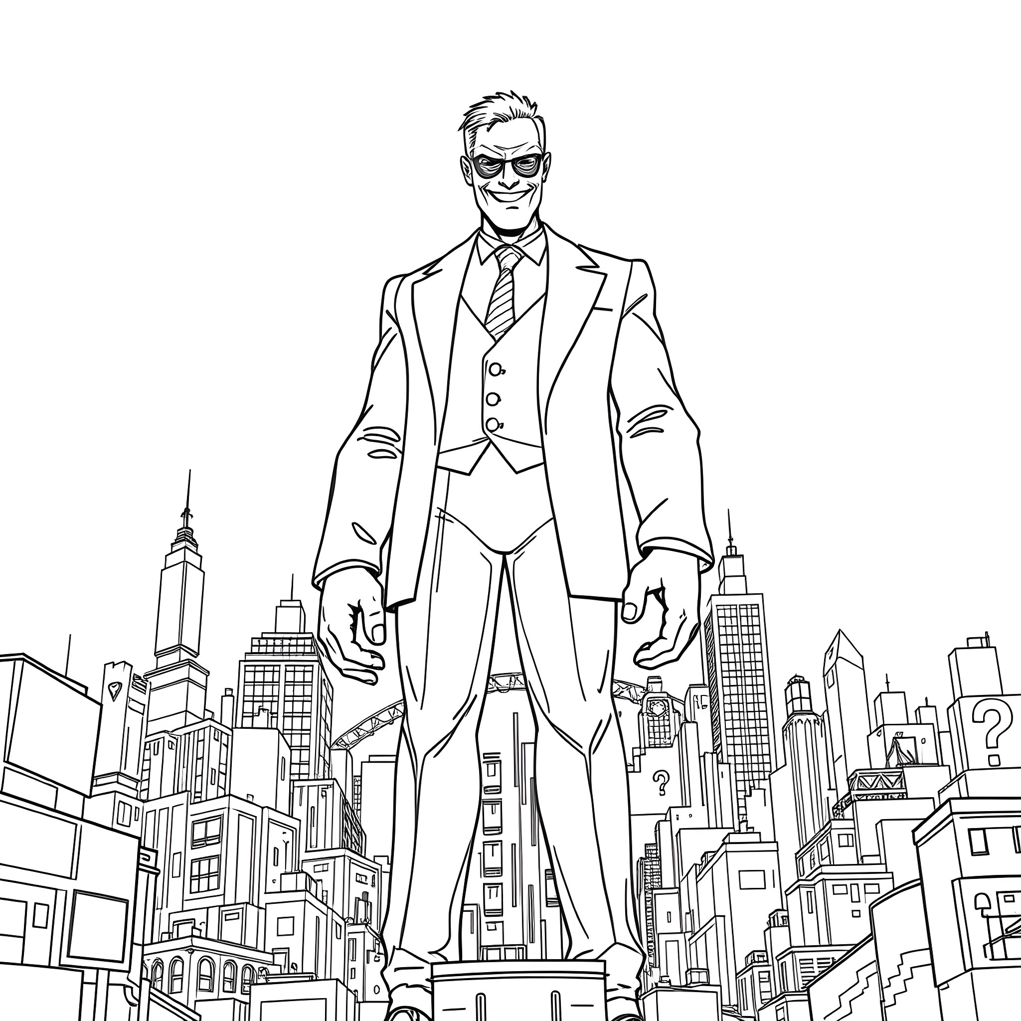 Riddler standing tall in the city Coloring Page (free black-and-white line drawing printable PDF for all, from beginners to advanced learners, including children, teens, adults, and seniors)