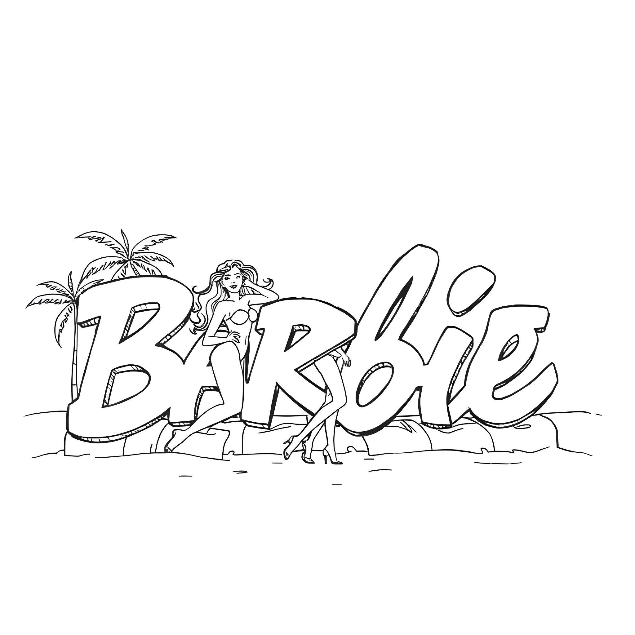 Barbie enjoying a day at the beach Coloring Page (free black-and-white line drawing printable PDF for all, from beginners to advanced learners, including children, teens, adults, and seniors)