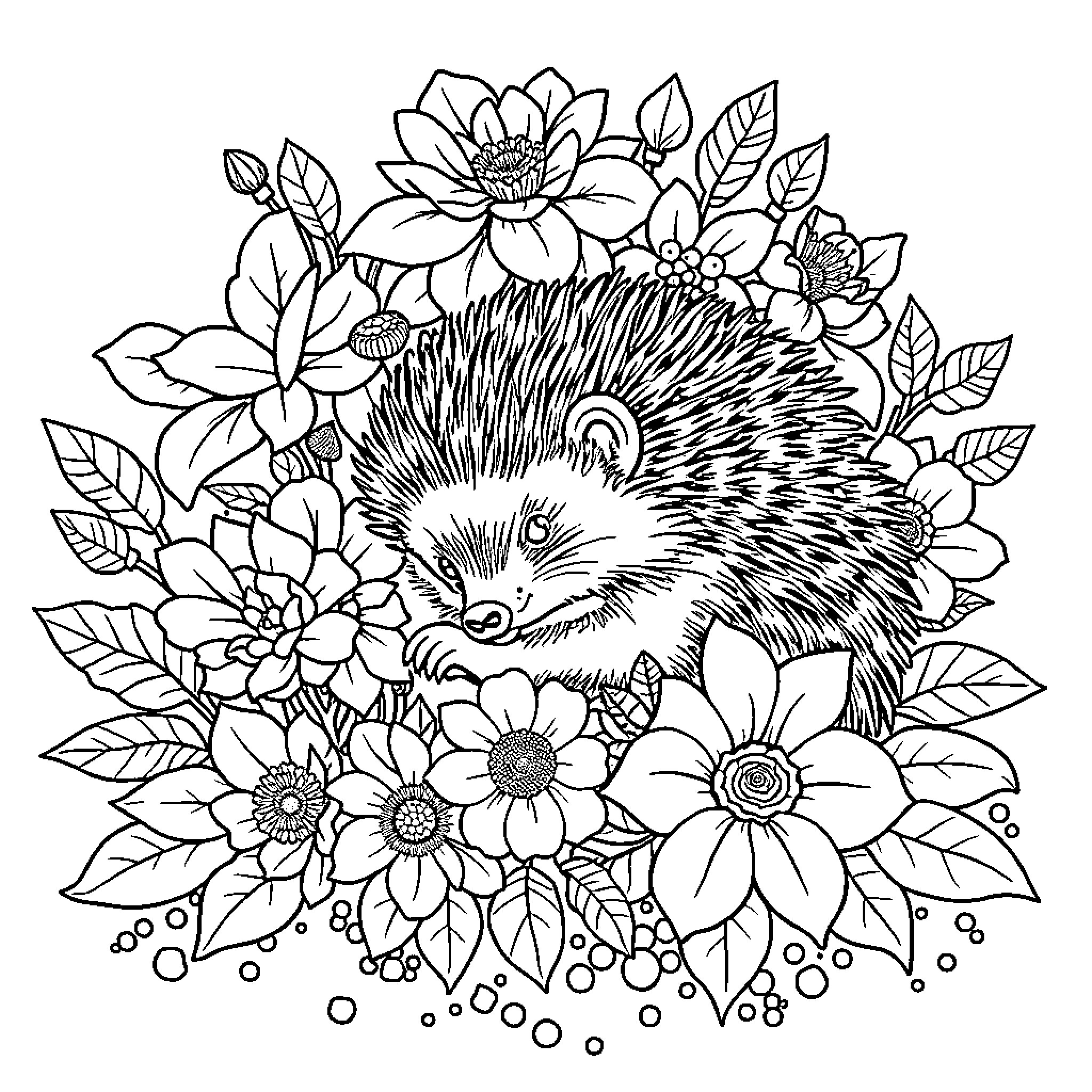 Hedgehog surrounded by vibrant floral arrangements Coloring Page (free black-and-white line drawing printable PDF for all, from beginners to advanced learners, including children, teens, adults, and seniors)