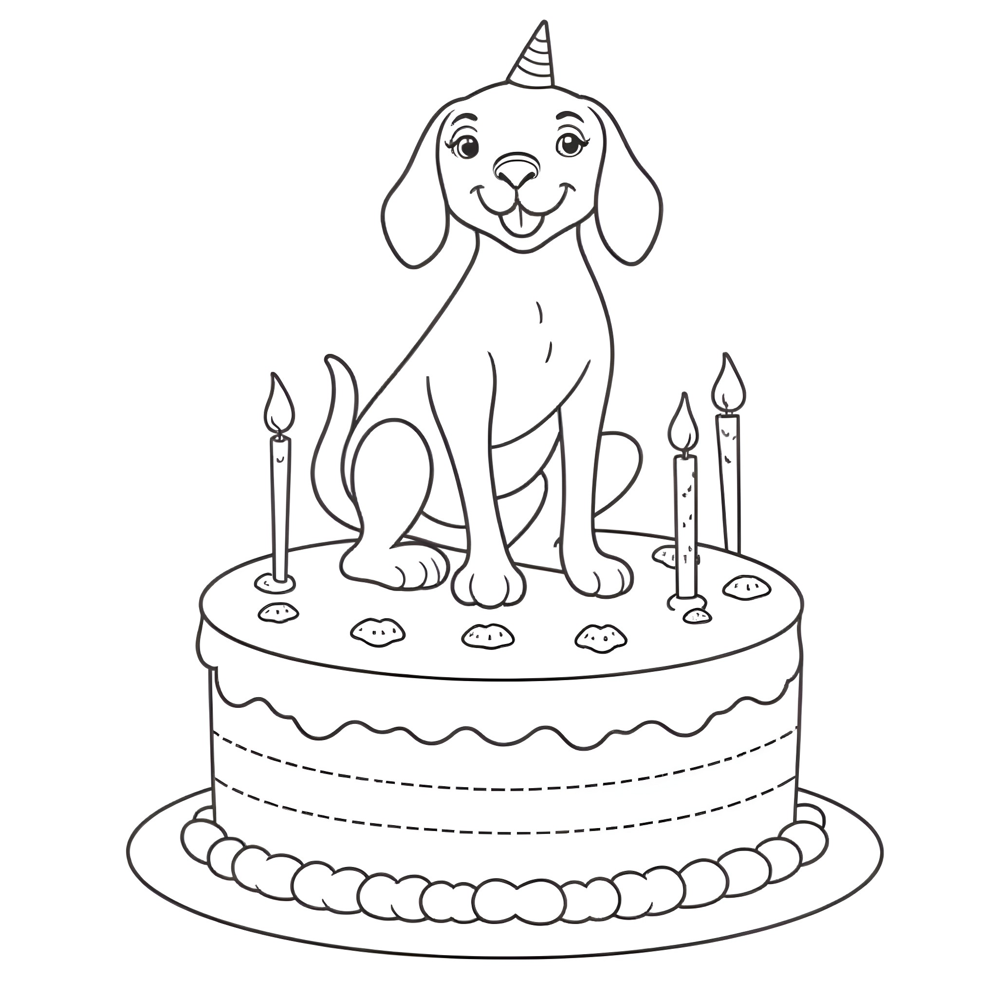 Beagle celebrating with birthday cake and candles Coloring Page (free black-and-white line drawing printable PDF for all, from beginners to advanced learners, including children, teens, adults, and seniors)
