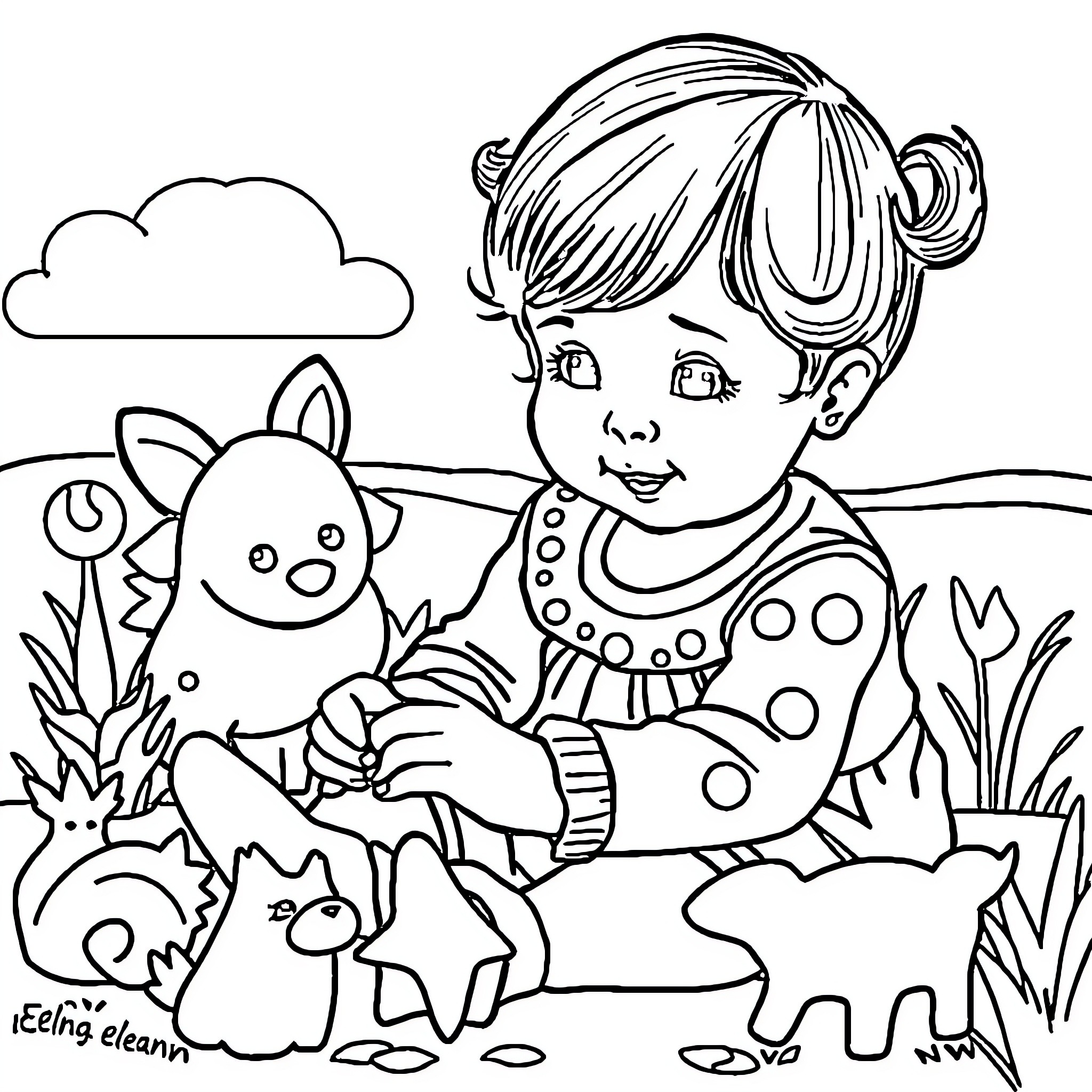 Animal playing with cute pet friends in the meadow Coloring Page (free black-and-white line drawing printable PDF for all, from beginners to advanced learners, including children, teens, adults, and seniors)