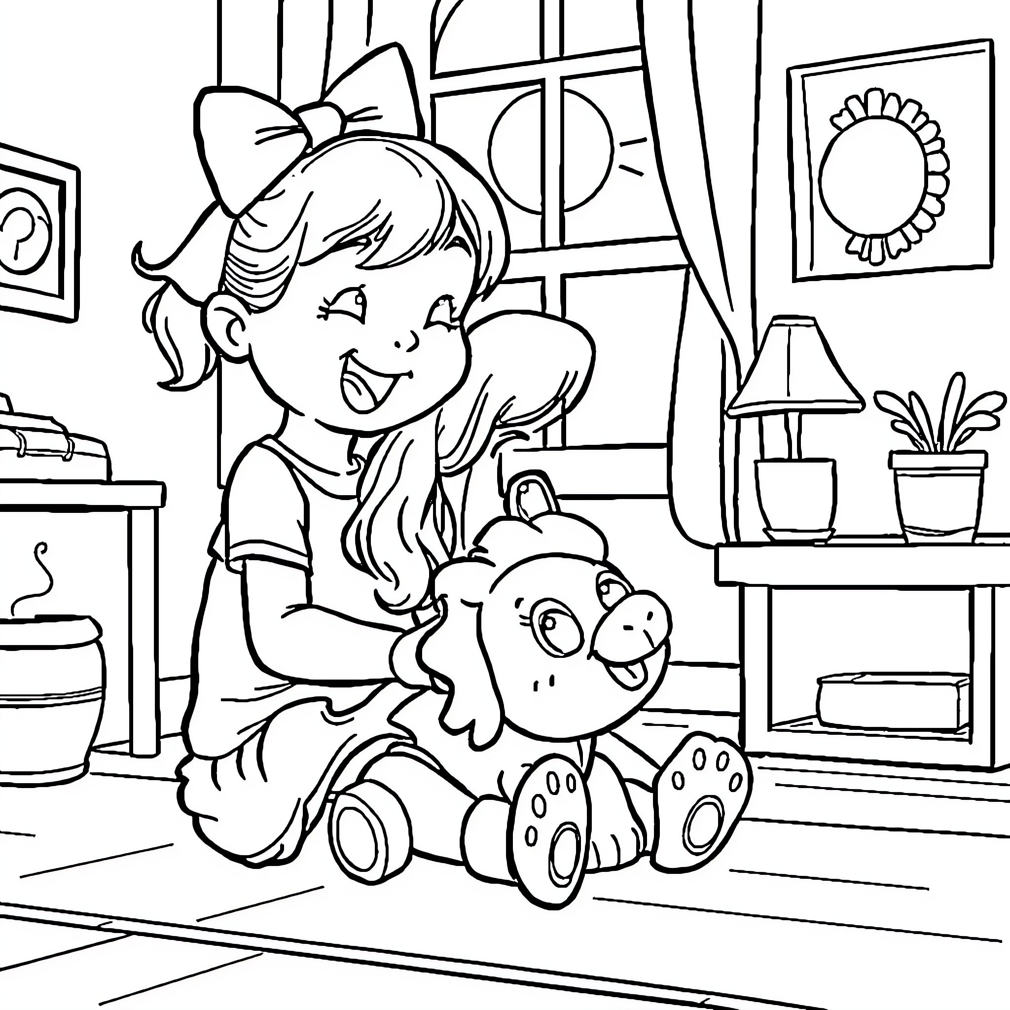 Dolly's Playful Companionship with Adorable Plush Toy Coloring Page (free black-and-white line drawing printable PDF for all, from beginners to advanced learners, including children, teens, adults, and seniors)