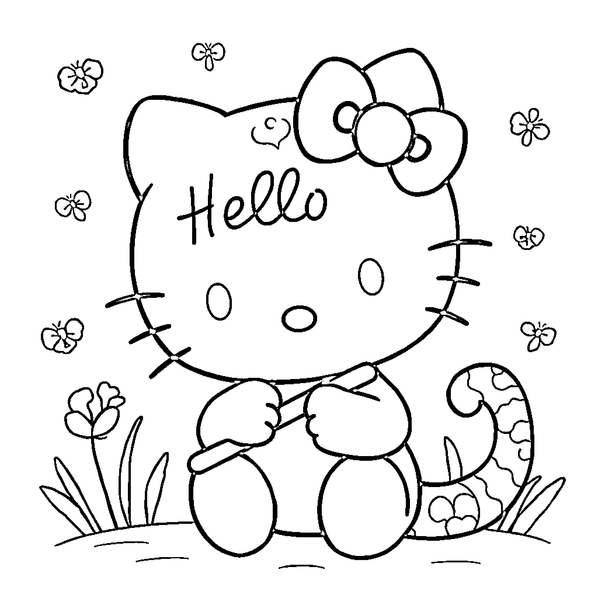 Hello Kitty playing in the garden Coloring Page (free black-and-white line drawing printable PDF for all, from beginners to advanced learners, including children, teens, adults, and seniors)