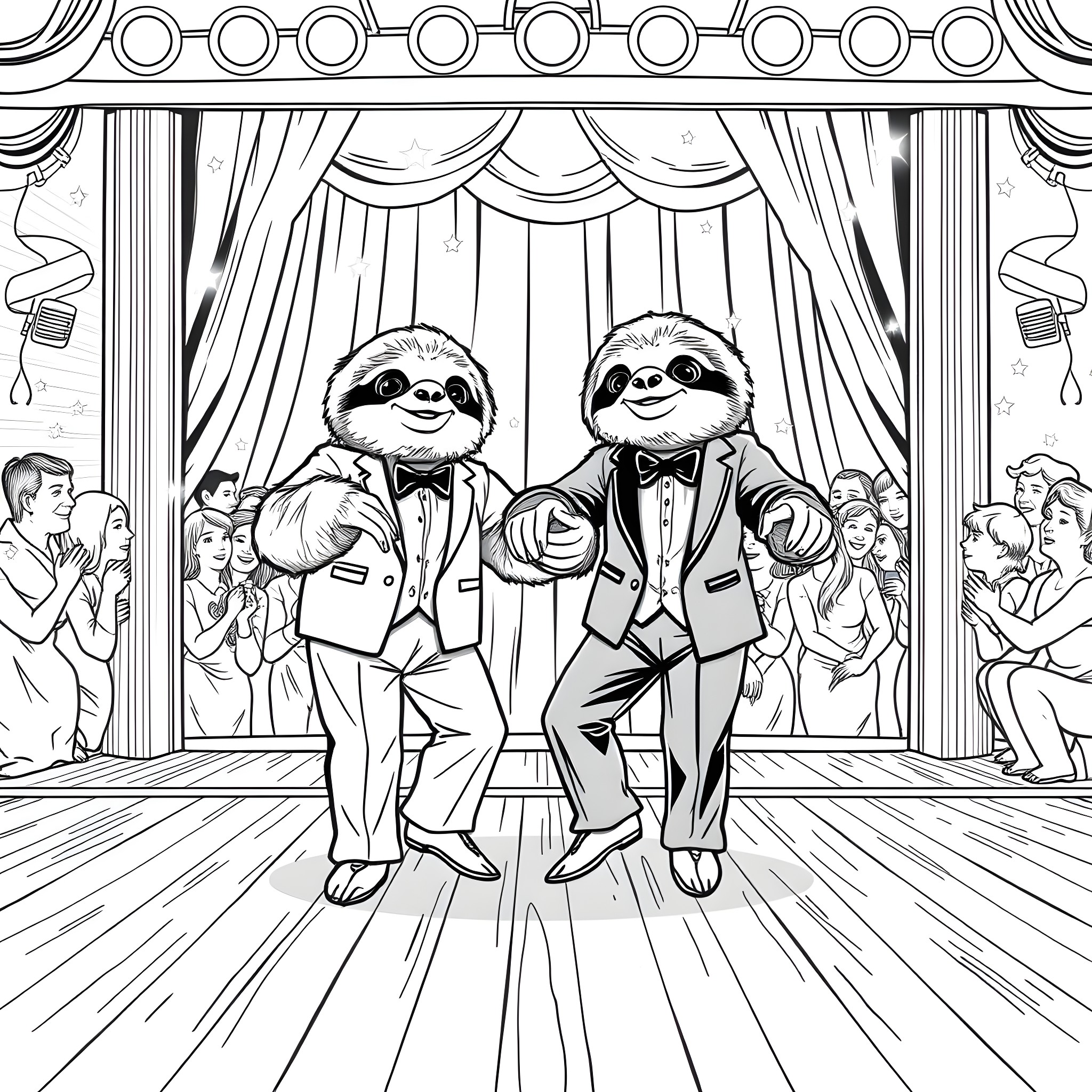 Sloth brothers perform on stage in formal wear Coloring Page (free black-and-white line drawing printable PDF for all, from beginners to advanced learners, including children, teens, adults, and seniors)