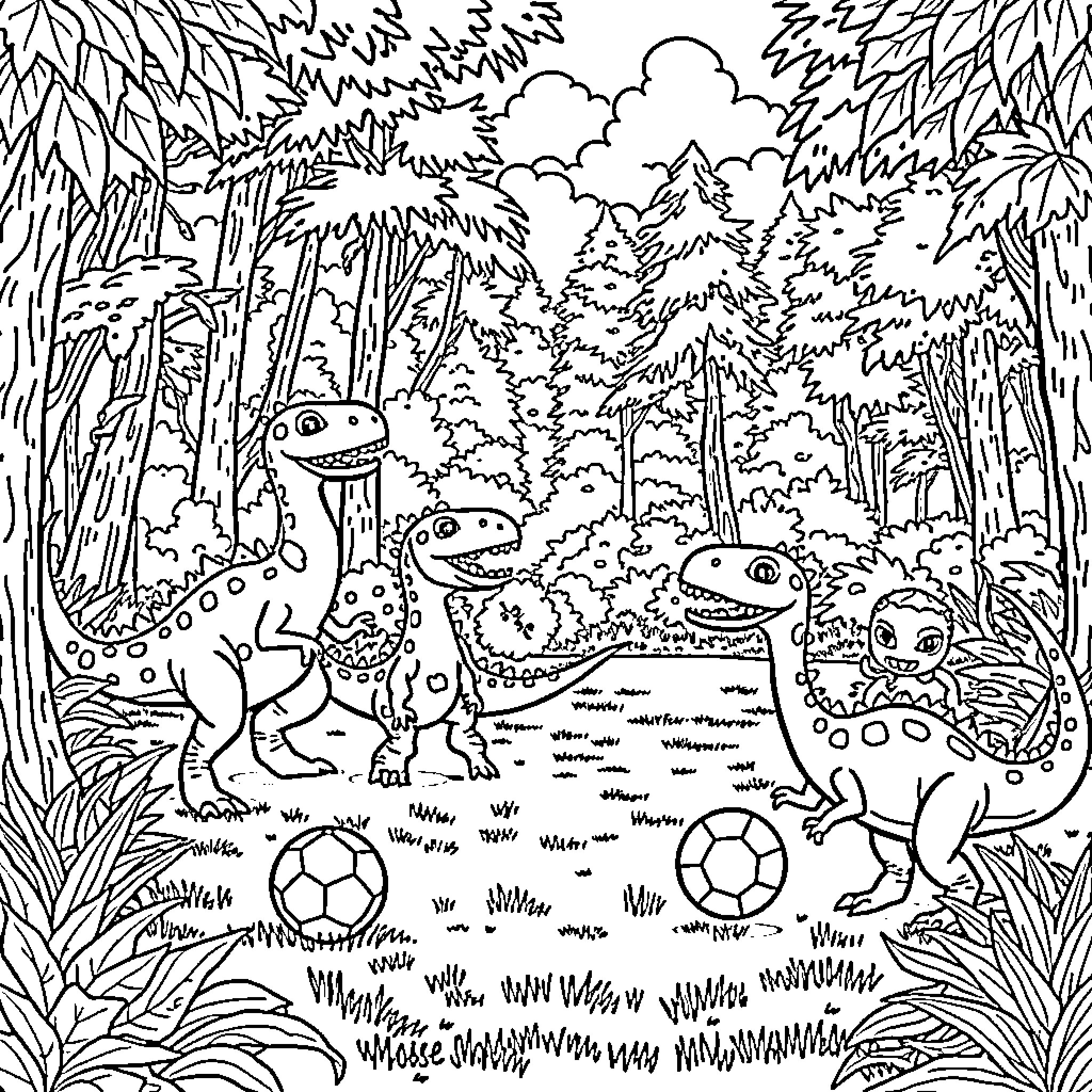 Dinosaur friends playing soccer in a lush forest Coloring Page (free black-and-white line drawing printable PDF for all, from beginners to advanced learners, including children, teens, adults, and seniors)