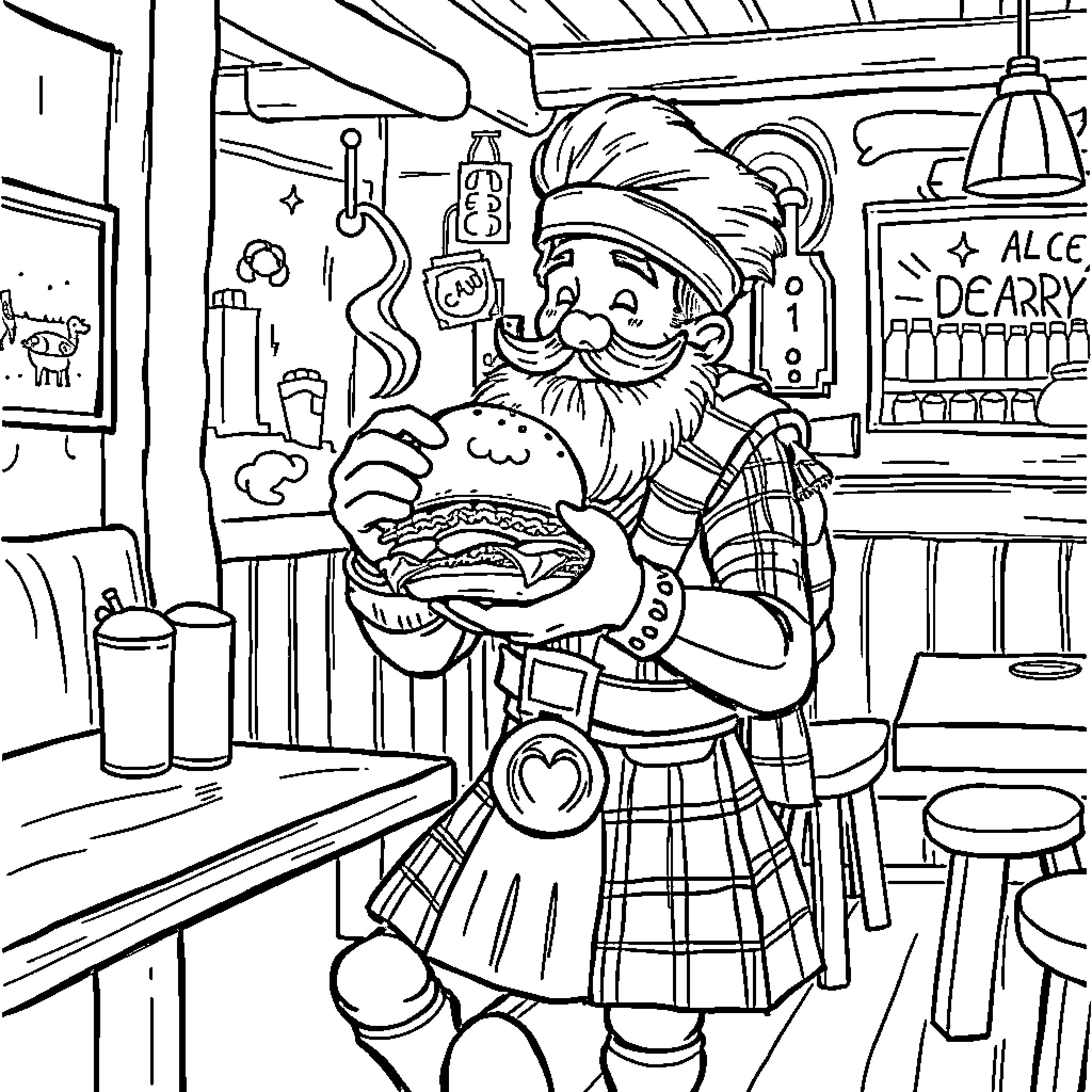 Highlander Chef Serves Up Hearty Meal in Cozy Diner Coloring Page (free black-and-white line drawing printable PDF for all, from beginners to advanced learners, including children, teens, adults, and seniors)