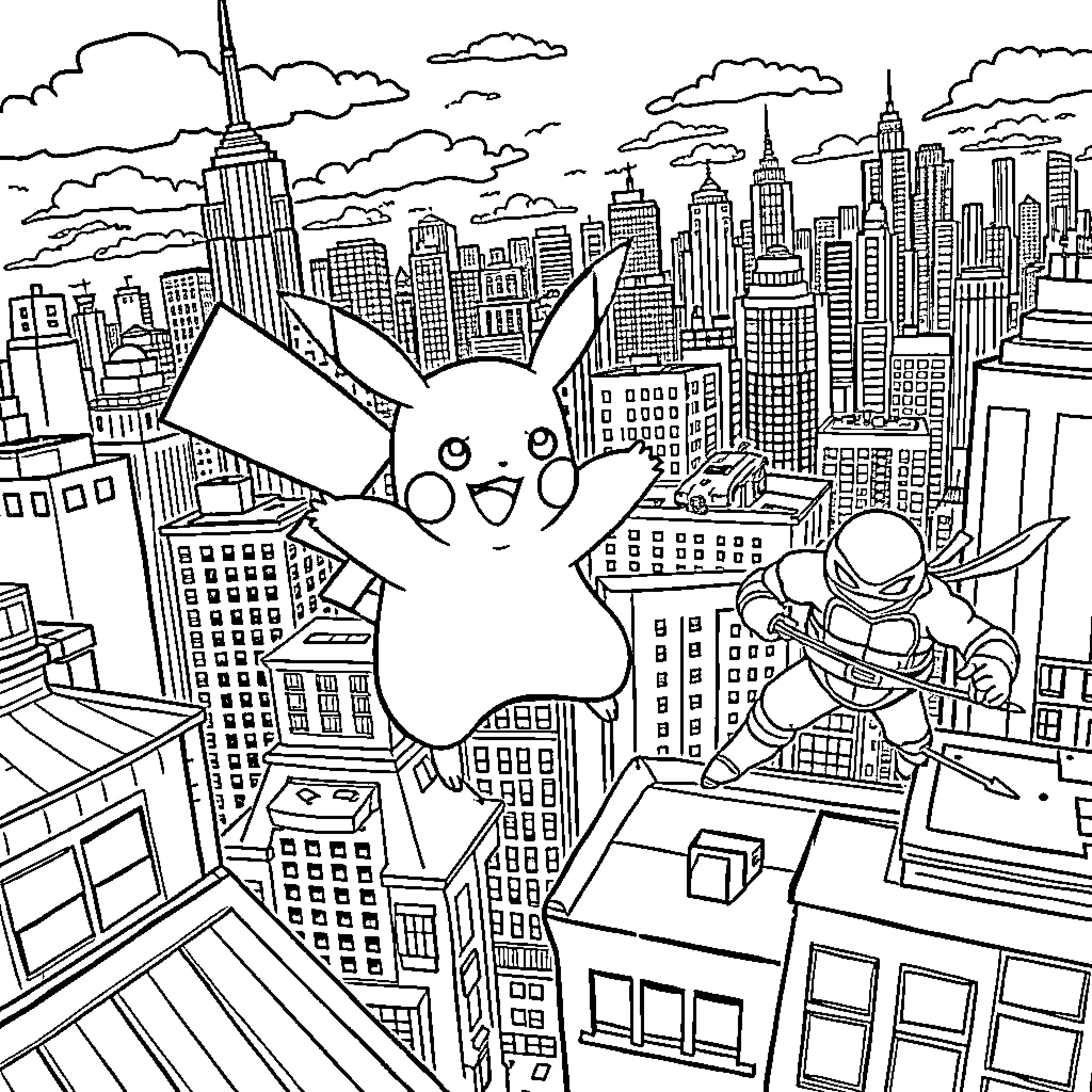 Pikachu enjoying a high-rise adventure in the city Coloring Page (free black-and-white line drawing printable PDF for all, from beginners to advanced learners, including children, teens, adults, and seniors)