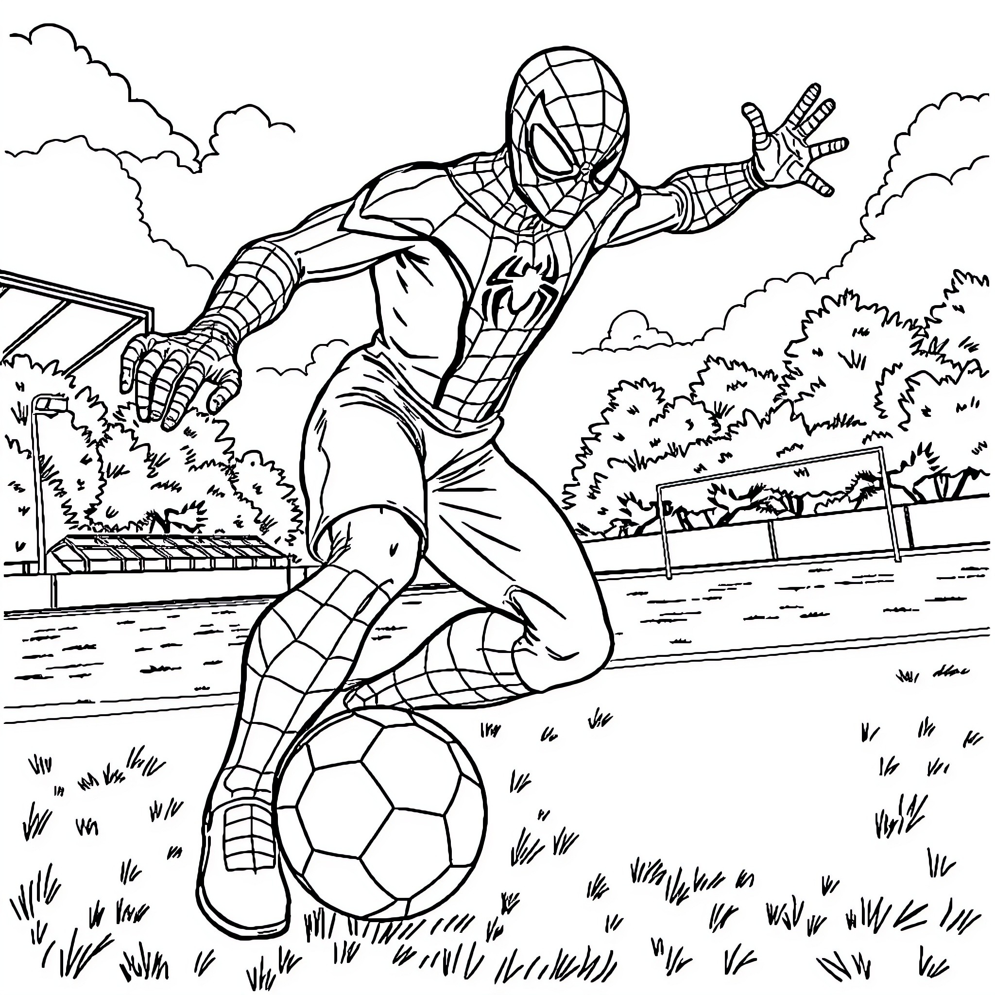 Spider-Man swinging with a soccer ball on the field Coloring Page (free black-and-white line drawing printable PDF for all, from beginners to advanced learners, including children, teens, adults, and seniors)
