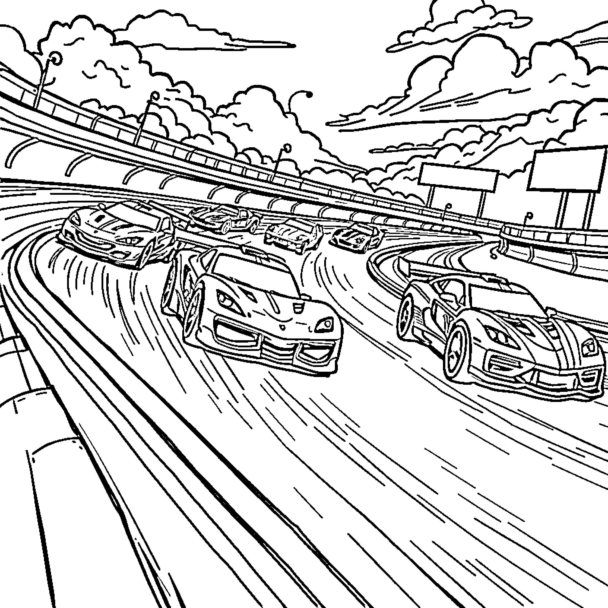 Hot Wheels racing through high-speed highway Coloring Page (free black-and-white line drawing printable PDF for all, from beginners to advanced learners, including children, teens, adults, and seniors)