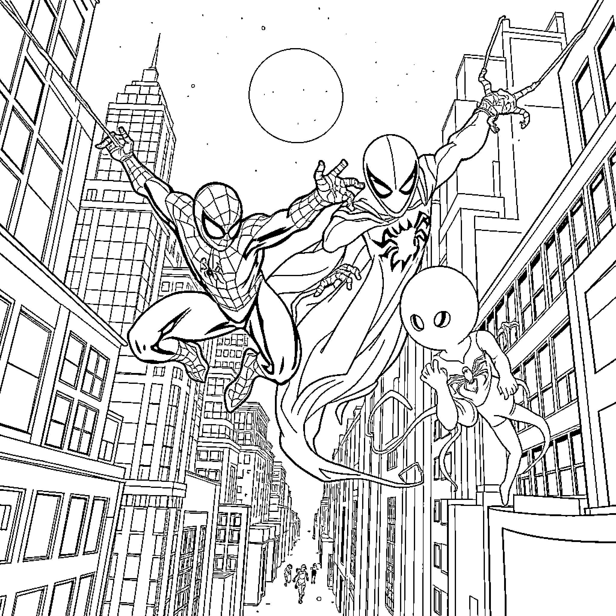 Spidey's Thrilling Cityscape Adventure Coloring Page (free black-and-white line drawing printable PDF for all, from beginners to advanced learners, including children, teens, adults, and seniors)
