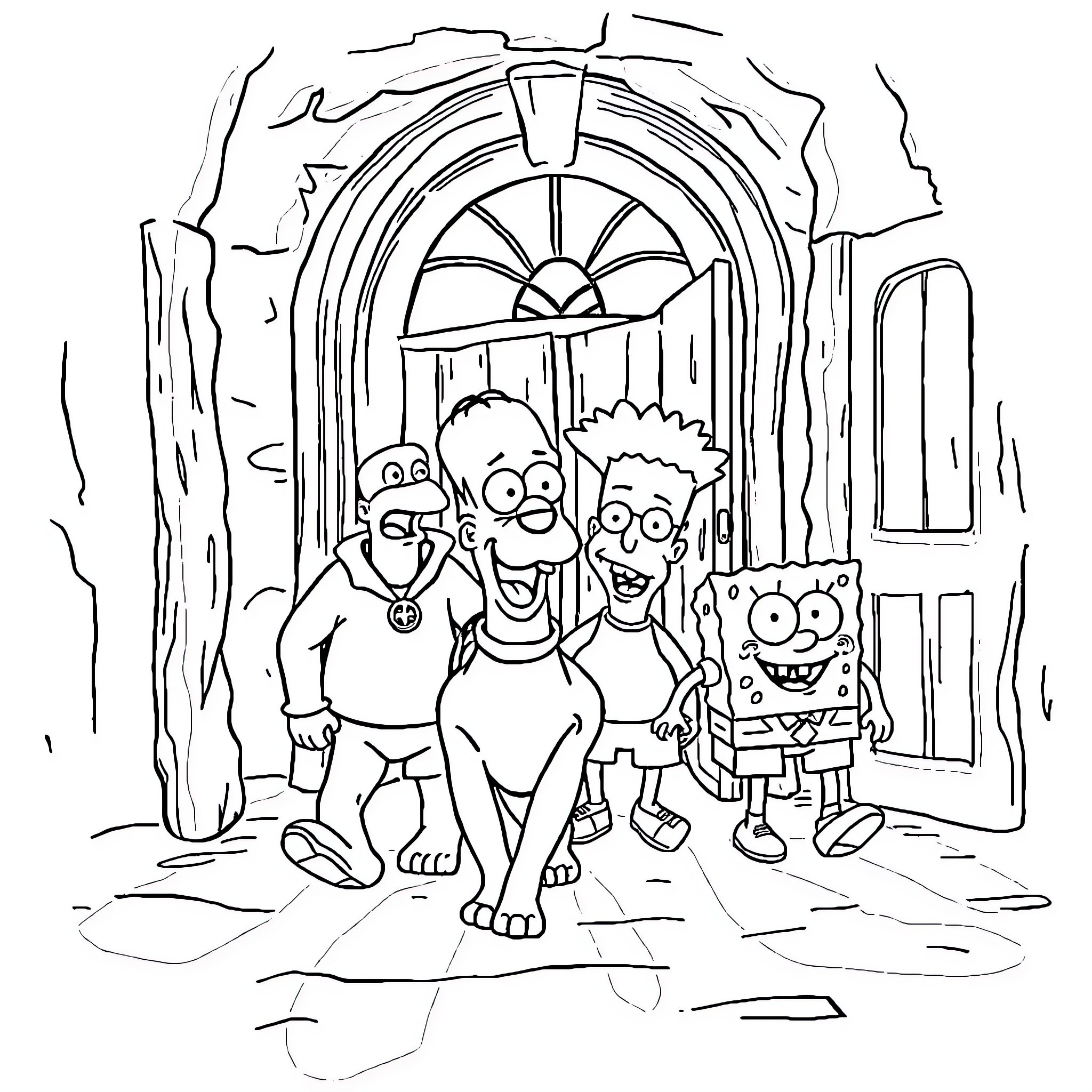 Character Trio Posing Together in Front of Archway Coloring Page (free black-and-white line drawing printable PDF for all, from beginners to advanced learners, including children, teens, adults, and seniors)