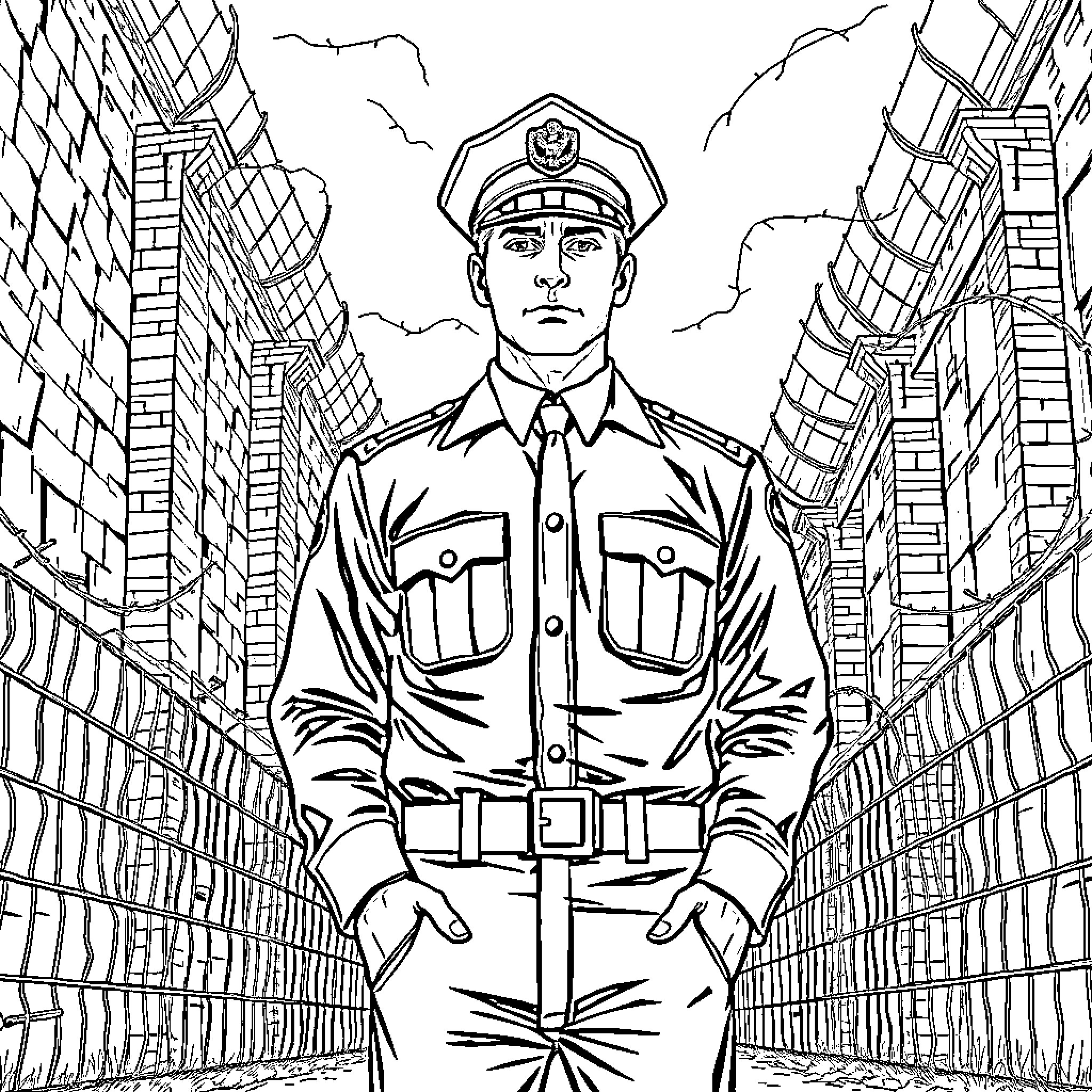 Prison Guard stands tall amidst the cell blocks Coloring Page (free black-and-white line drawing printable PDF for all, from beginners to advanced learners, including children, teens, adults, and seniors)