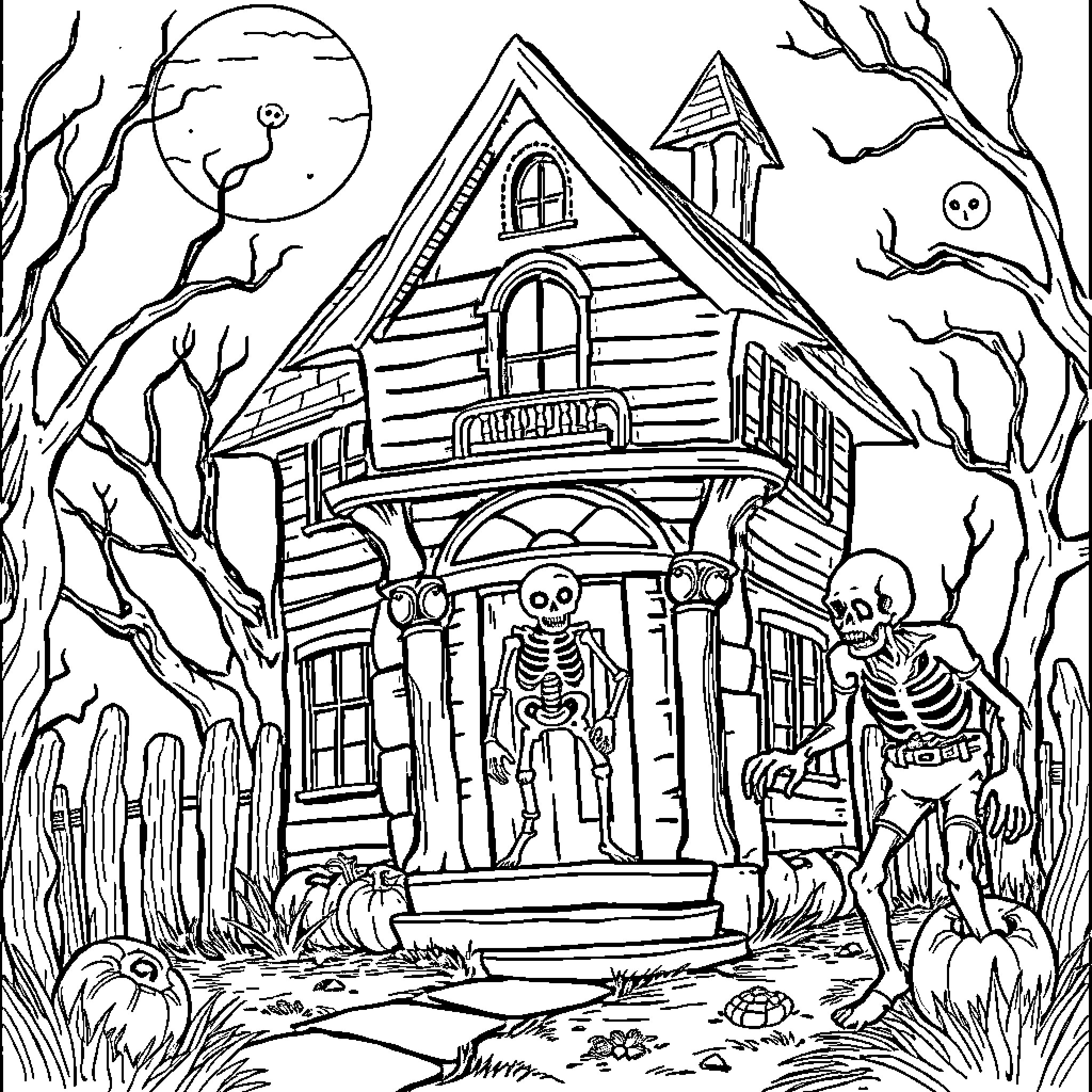 Haunted House with Skeletons and Spooky Atmosphere Coloring Page (free black-and-white line drawing printable PDF for all, from beginners to advanced learners, including children, teens, adults, and seniors)
