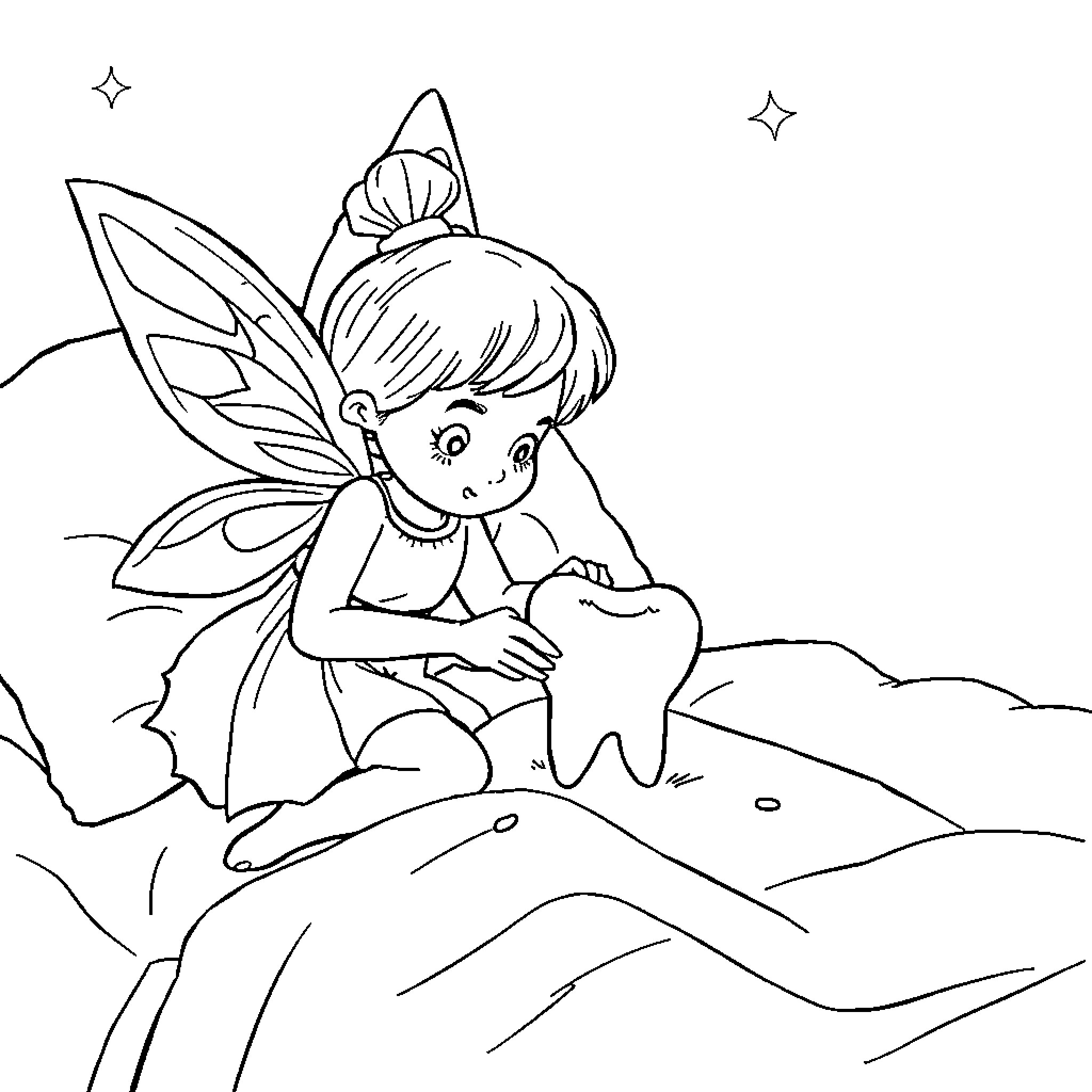 Tooth Fairy examines a fallen tooth in nature Coloring Page (free black-and-white line drawing printable PDF for all, from beginners to advanced learners, including children, teens, adults, and seniors)