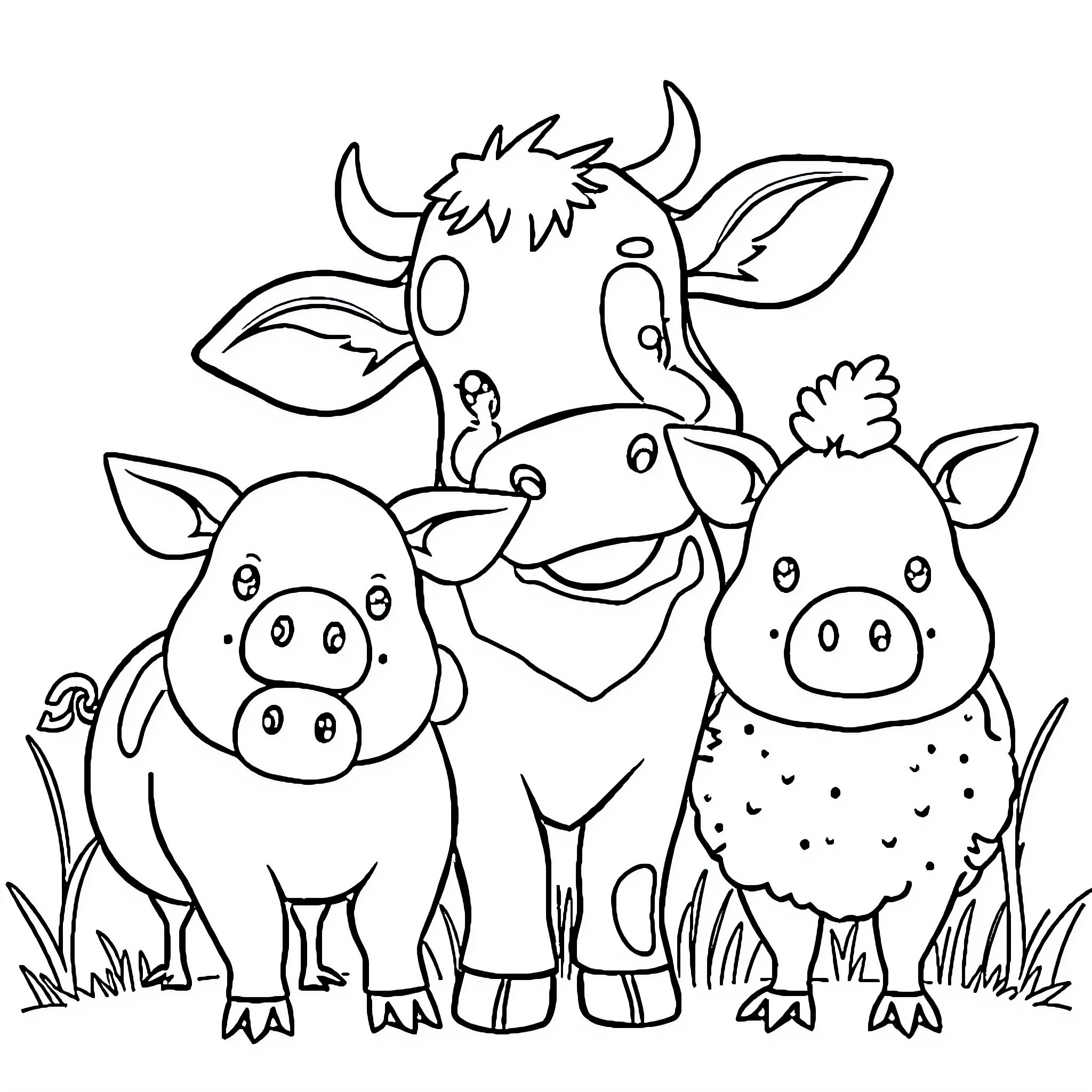 Farm Animal Cartoon Characters in Grass Coloring Page (free black-and-white line drawing printable PDF for all, from beginners to advanced learners, including children, teens, adults, and seniors)