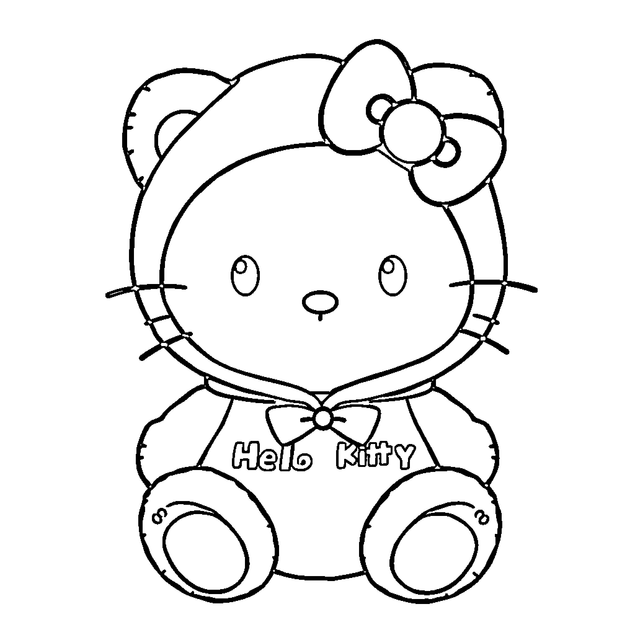 Teddy Bear Hello Kitty Outline Coloring Page (free black-and-white line drawing printable PDF for all, from beginners to advanced learners, including children, teens, adults, and seniors)