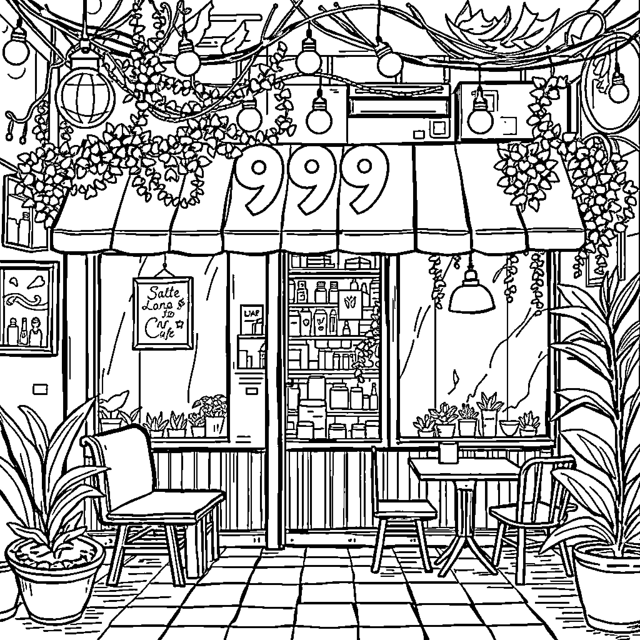 Nih Cozy Cafe Decor and Furnishings Coloring Page (free black-and-white line drawing printable PDF for all, from beginners to advanced learners, including children, teens, adults, and seniors)