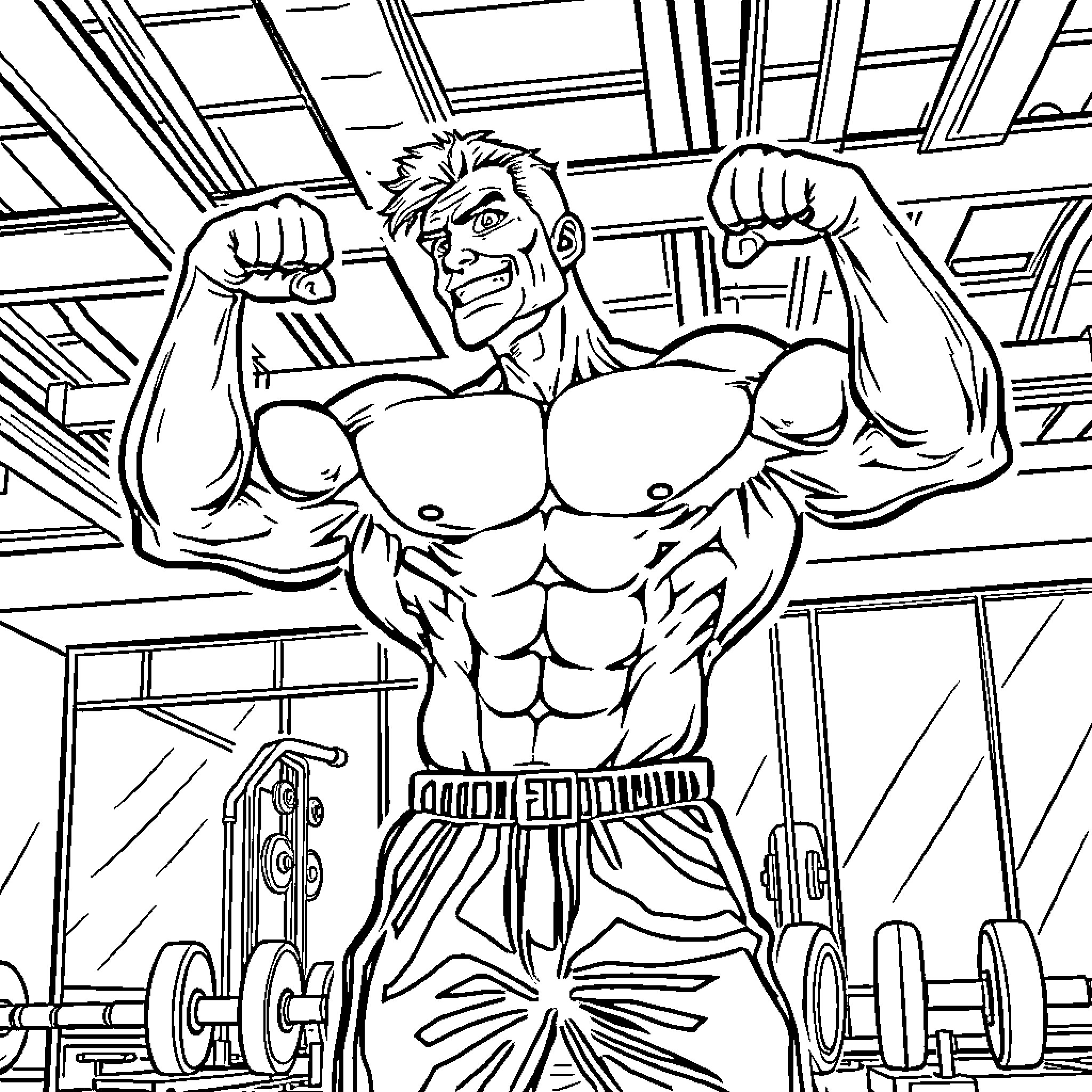 Bodybuilder flexing muscles powerfully in the gym Coloring Page (free black-and-white line drawing printable PDF for all, from beginners to advanced learners, including children, teens, adults, and seniors)