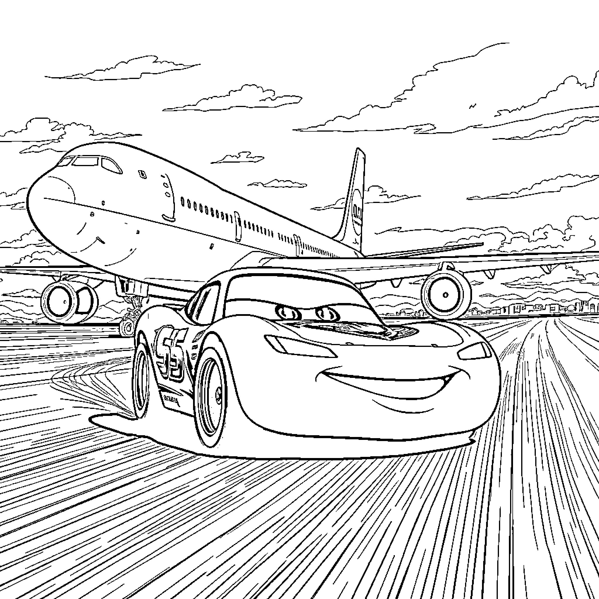 Lightning McQueen Racing by a Passenger Airplane Coloring Page (free black-and-white line drawing printable PDF for all, from beginners to advanced learners, including children, teens, adults, and seniors)