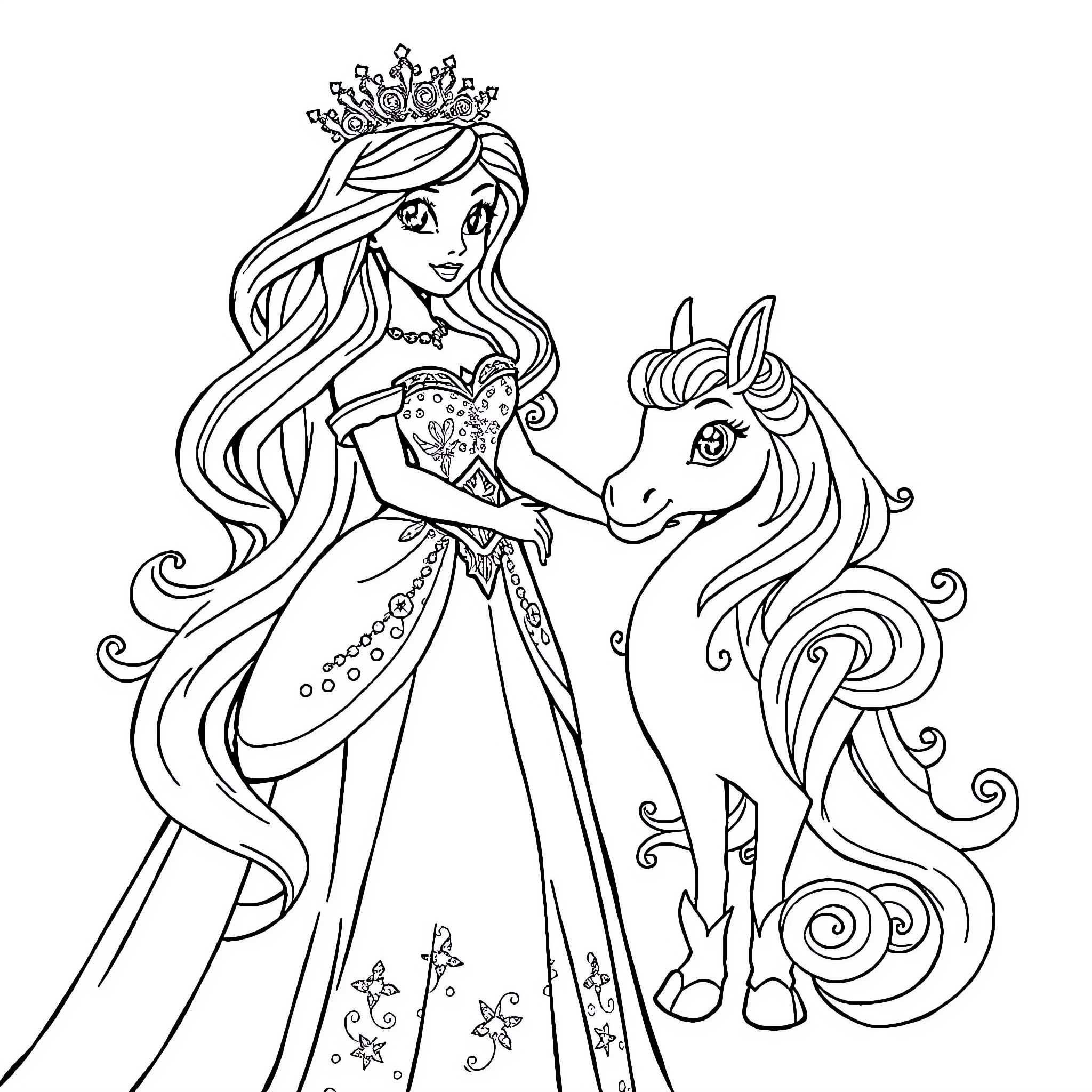 Princess in Elegant Dress with Majestic Unicorn Coloring Page (free black-and-white line drawing printable PDF for all, from beginners to advanced learners, including children, teens, adults, and seniors)