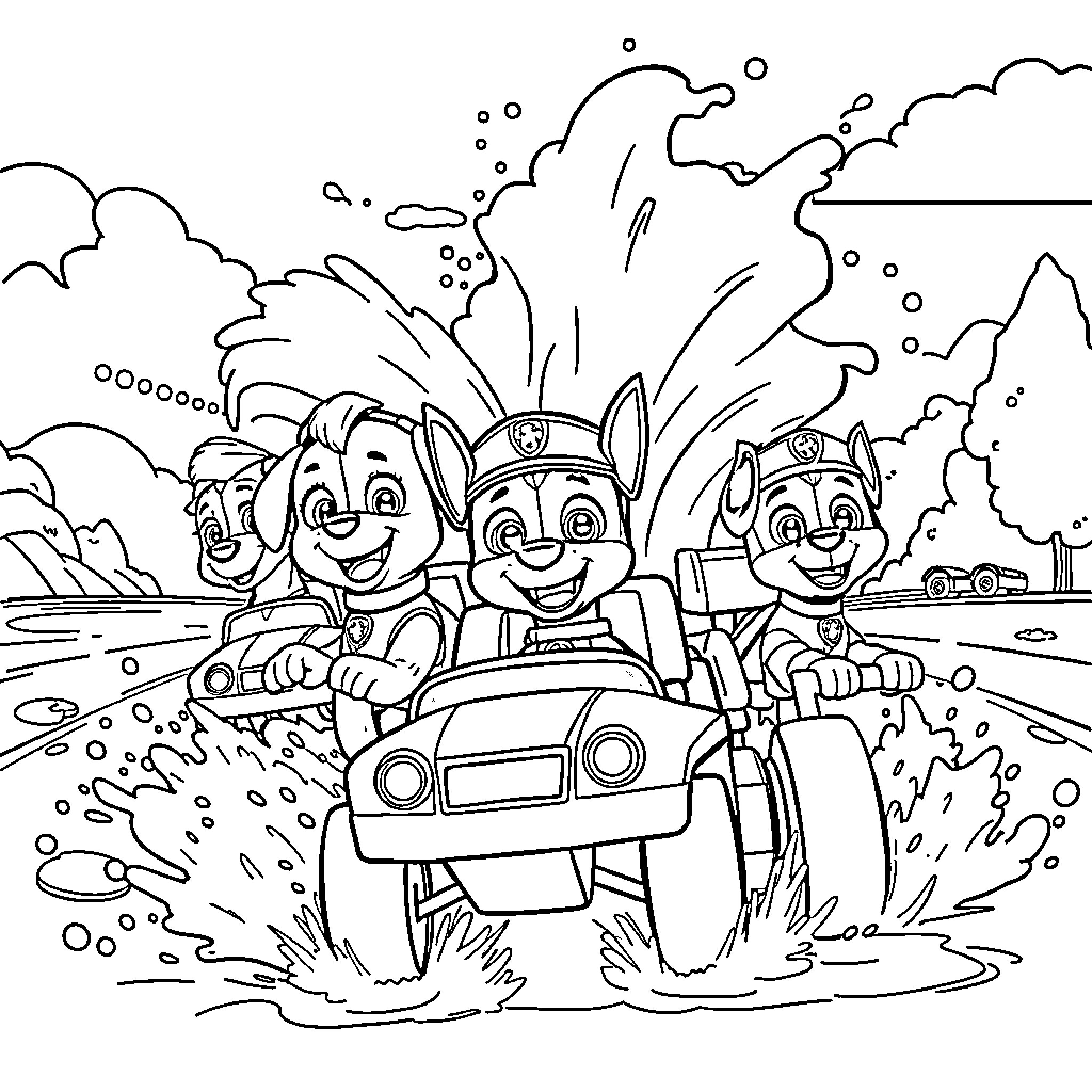 Paw Patrol Rescuing Vehicle in Water Adventure Coloring Page (free black-and-white line drawing printable PDF for all, from beginners to advanced learners, including children, teens, adults, and seniors)